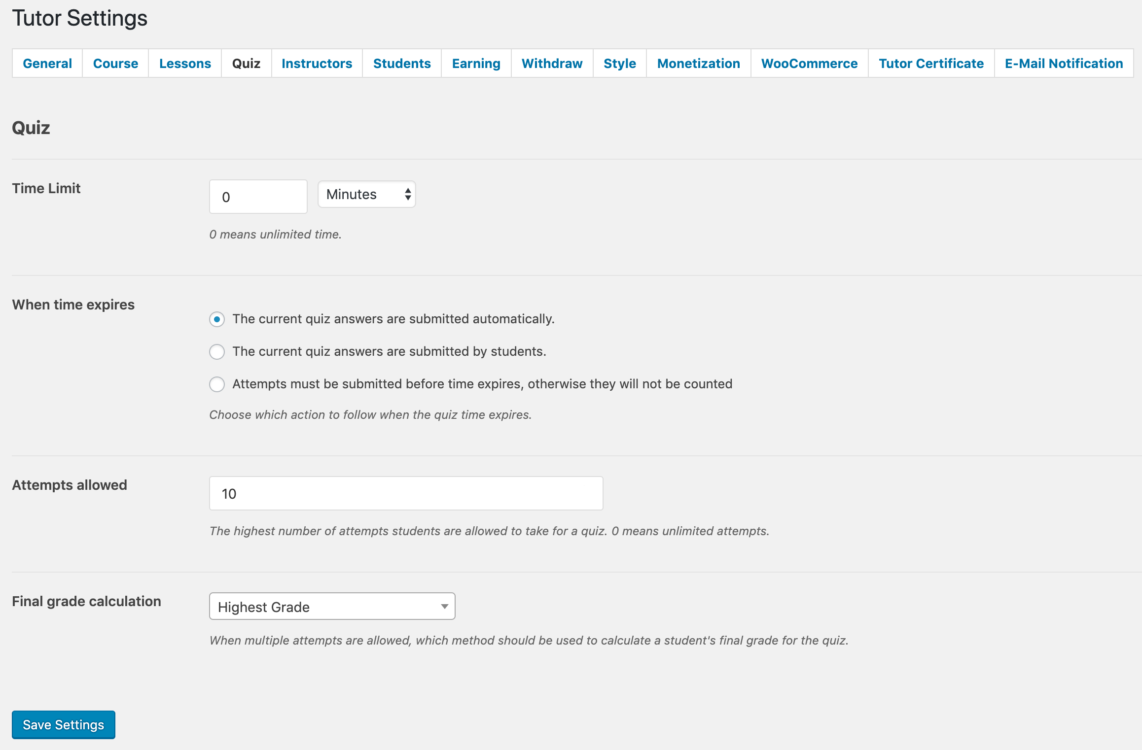 Tutor LMS Quiz Settings