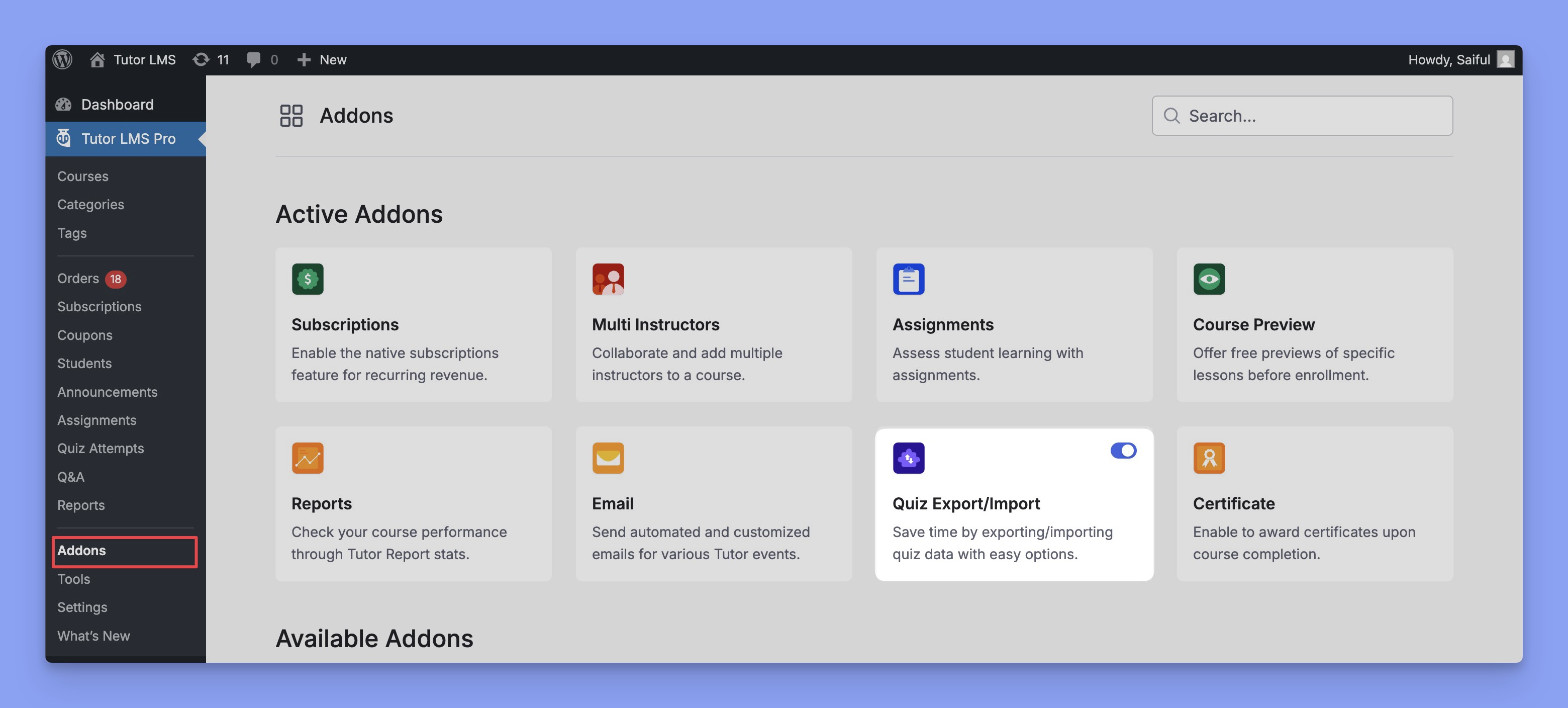 Quiz export import addon