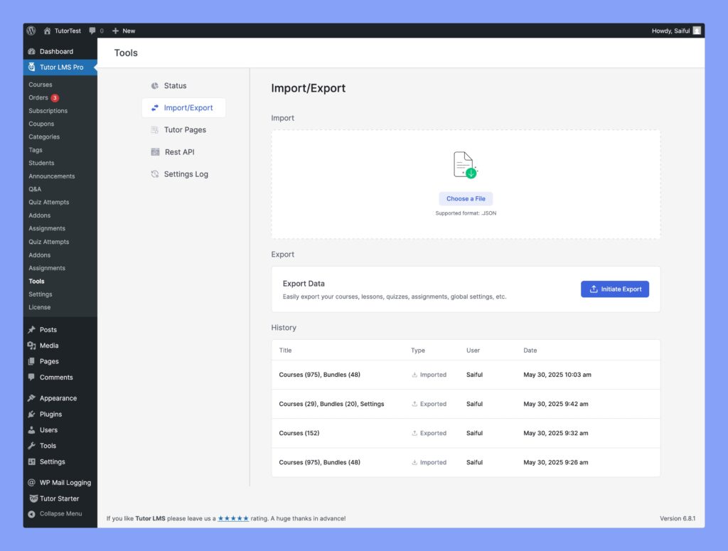 Tutor LMS Course import export