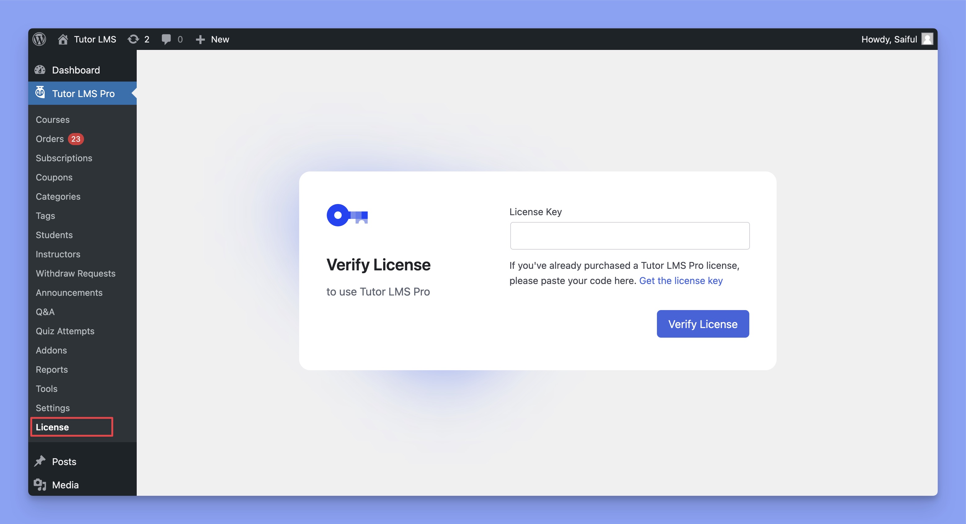 Tutor LMS license verification page