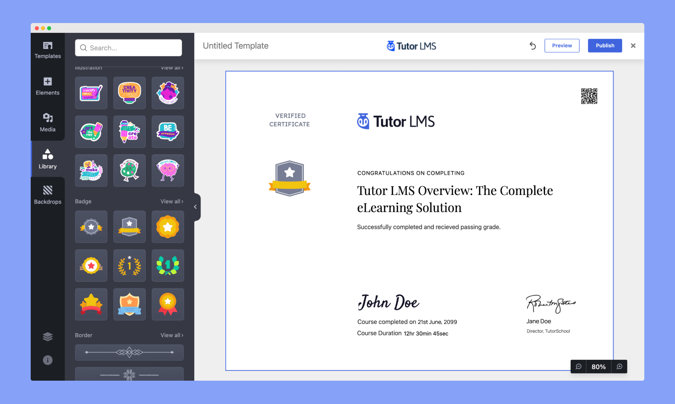 Certificate Library tab to add different shapes, illustrations, badges, borders, frames, and watermarks. 
