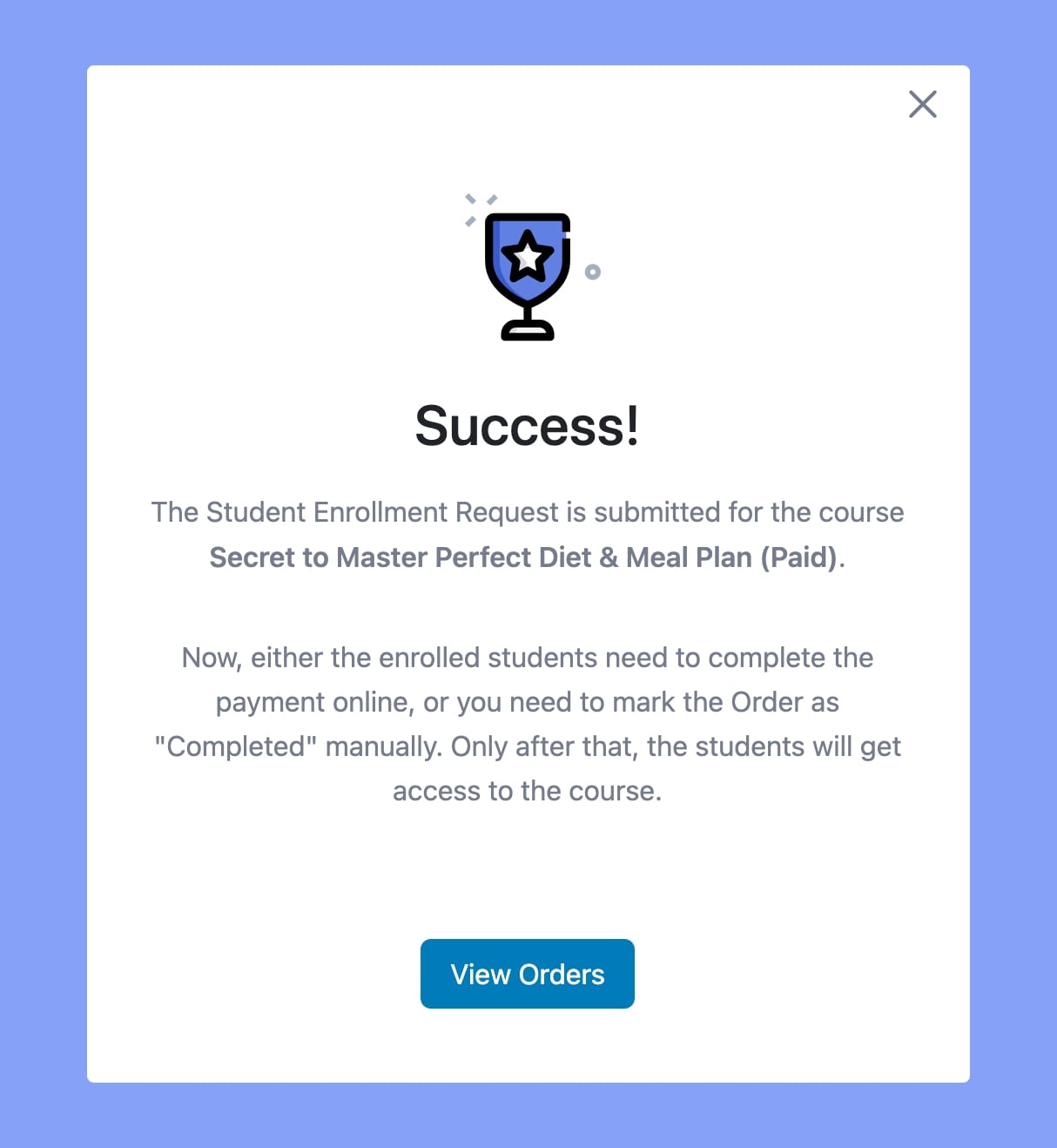 Tutor LMS manual enrollment success page