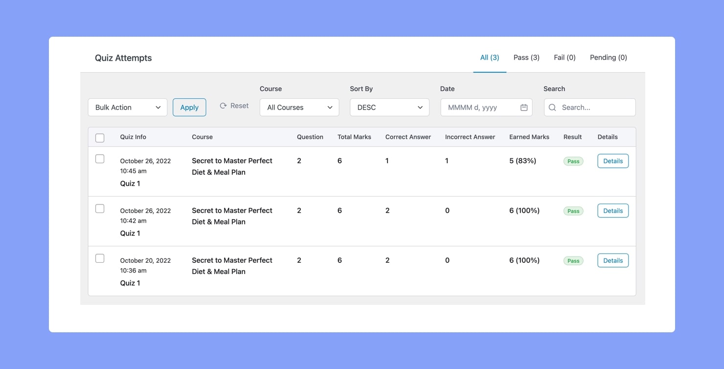 Tutor LMS Menus - Quiz Attempts