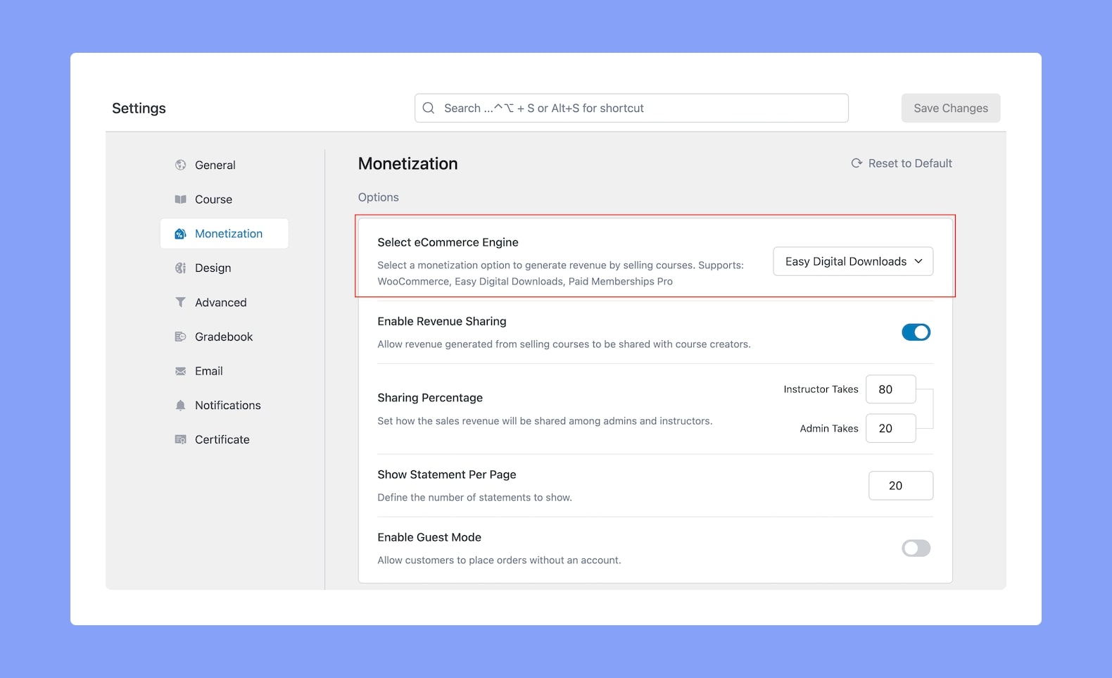 Tutor LMS Monetization Settings - Selecting Easy Digital Downloads as eCommerce Engine