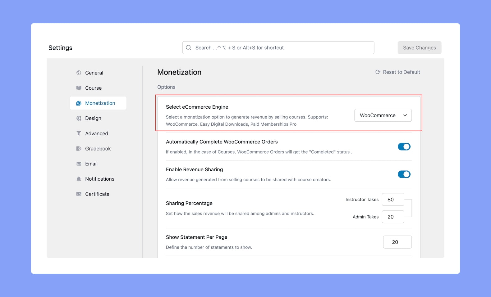 Tutor LMS Monetization Settings - Set WooCommerce as eCommerce Engine