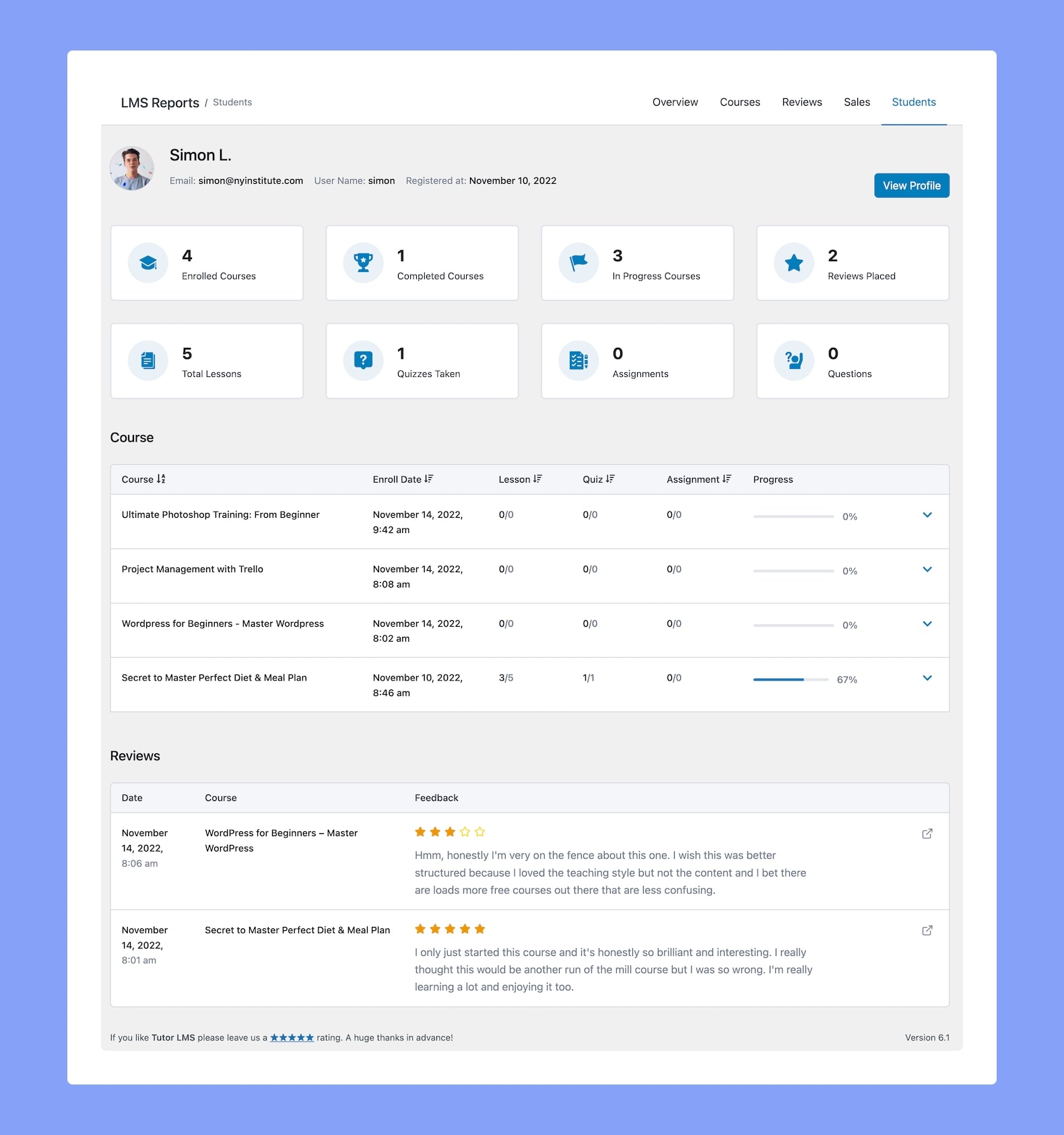 Tutor LMS Reports - Specific Student Report