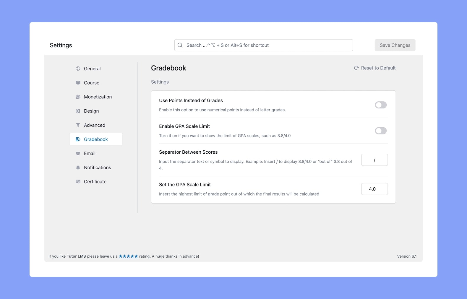 Setting up a letter grade grading table