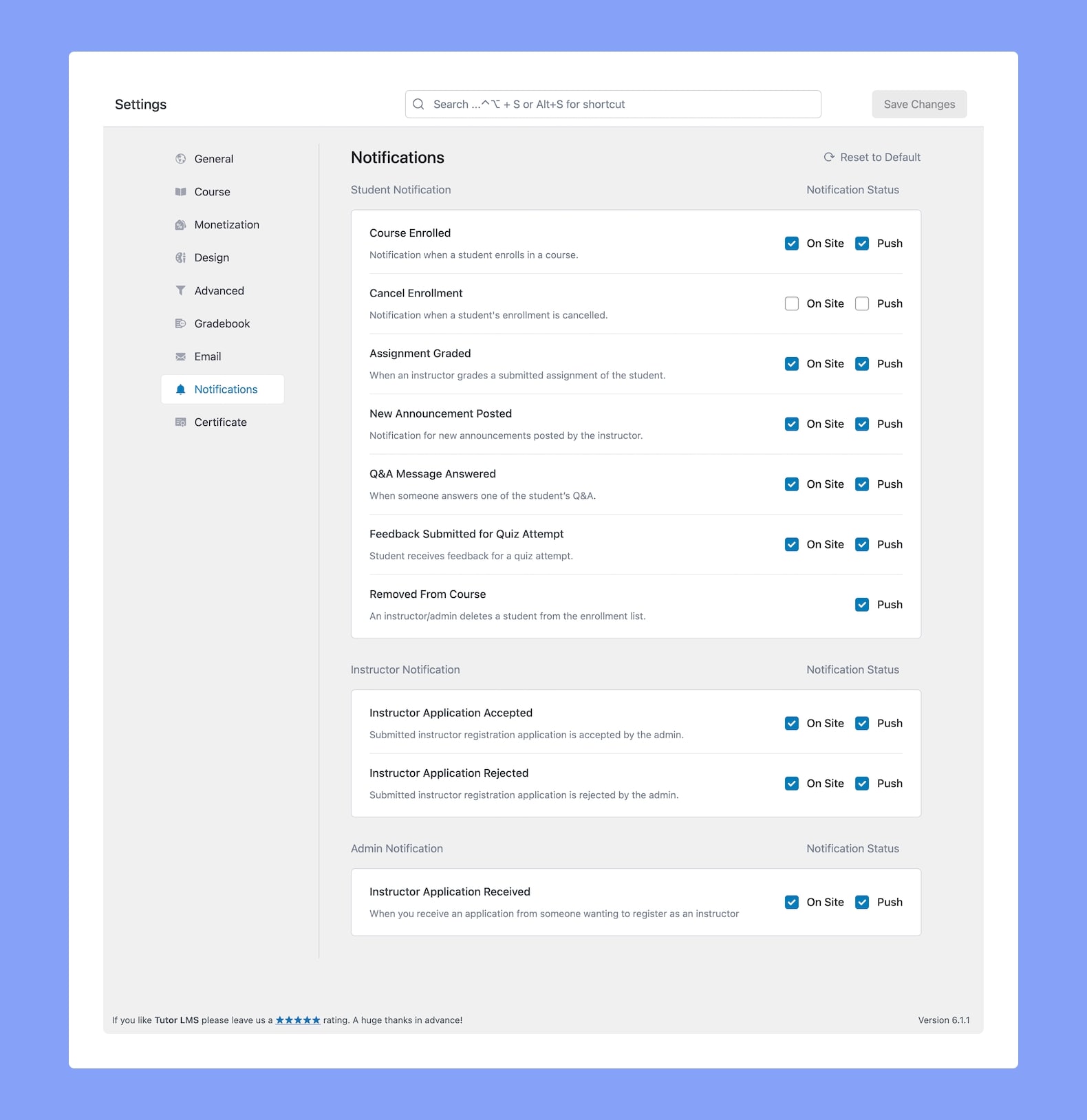 Tutor LMS Notifications Settings