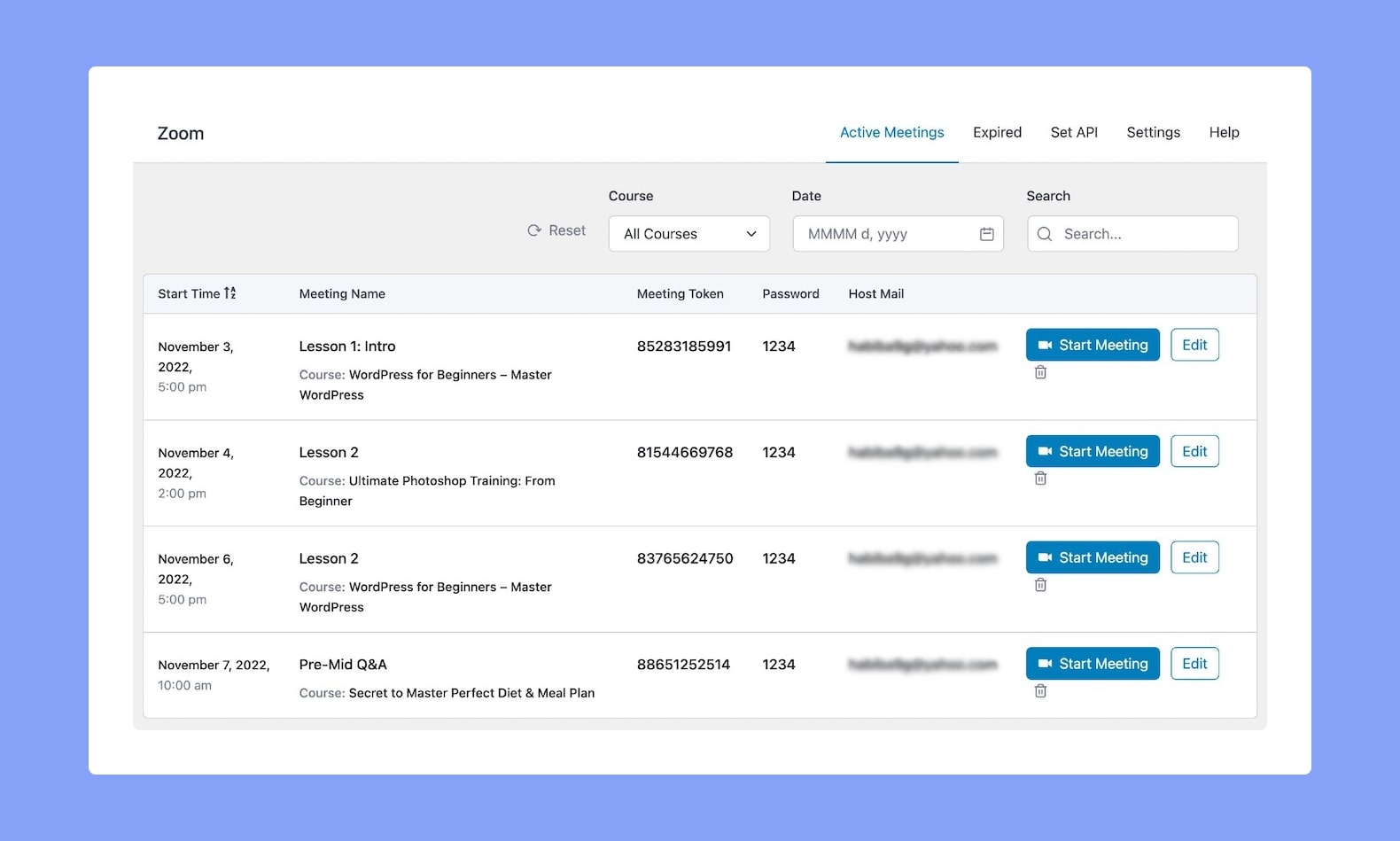 Tutor LMS Zoom All Meetings