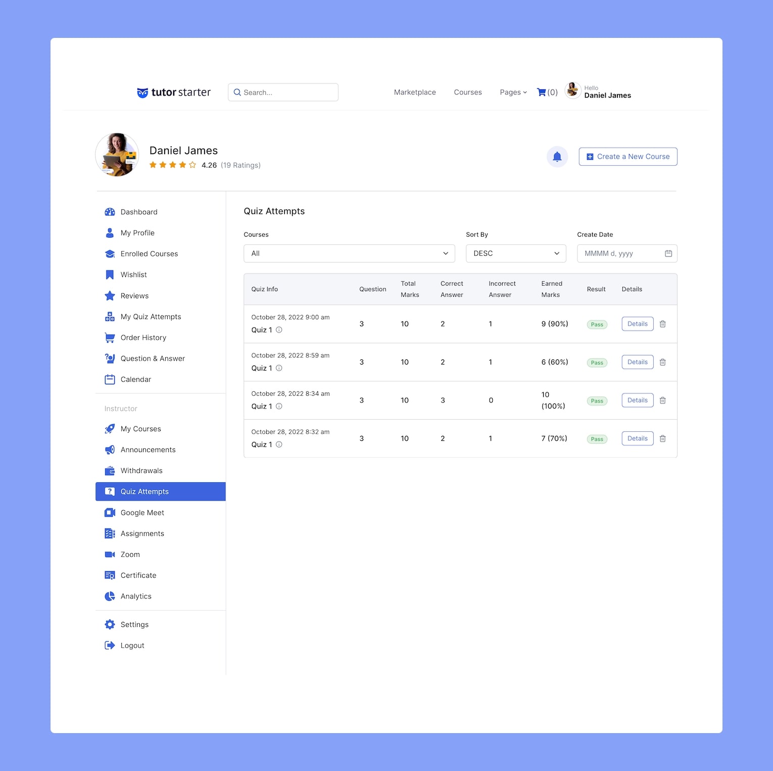 Tutor LMS Frontend Dashboard - Quiz Attempts