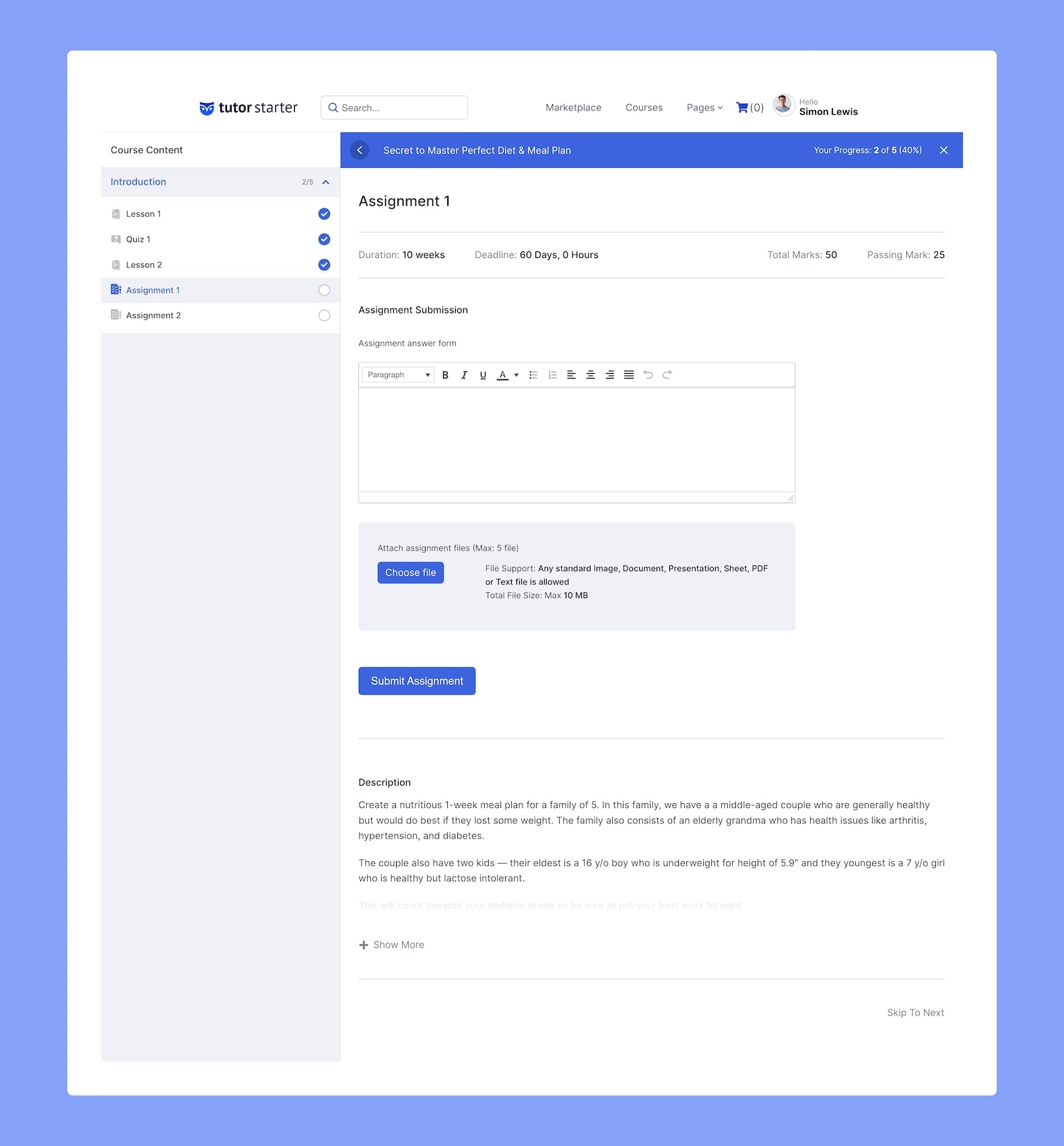 Tutor LMS Submit Assignment Form