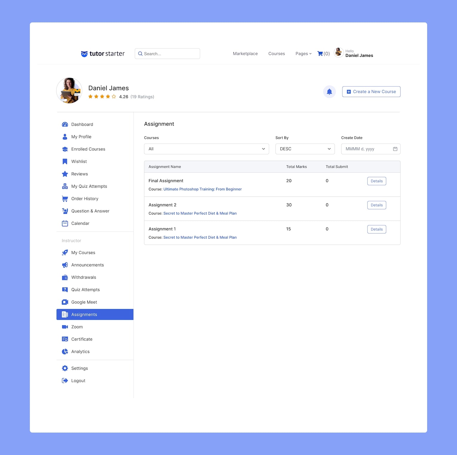 Tutor LMS Frontend Dashboard - Assignments