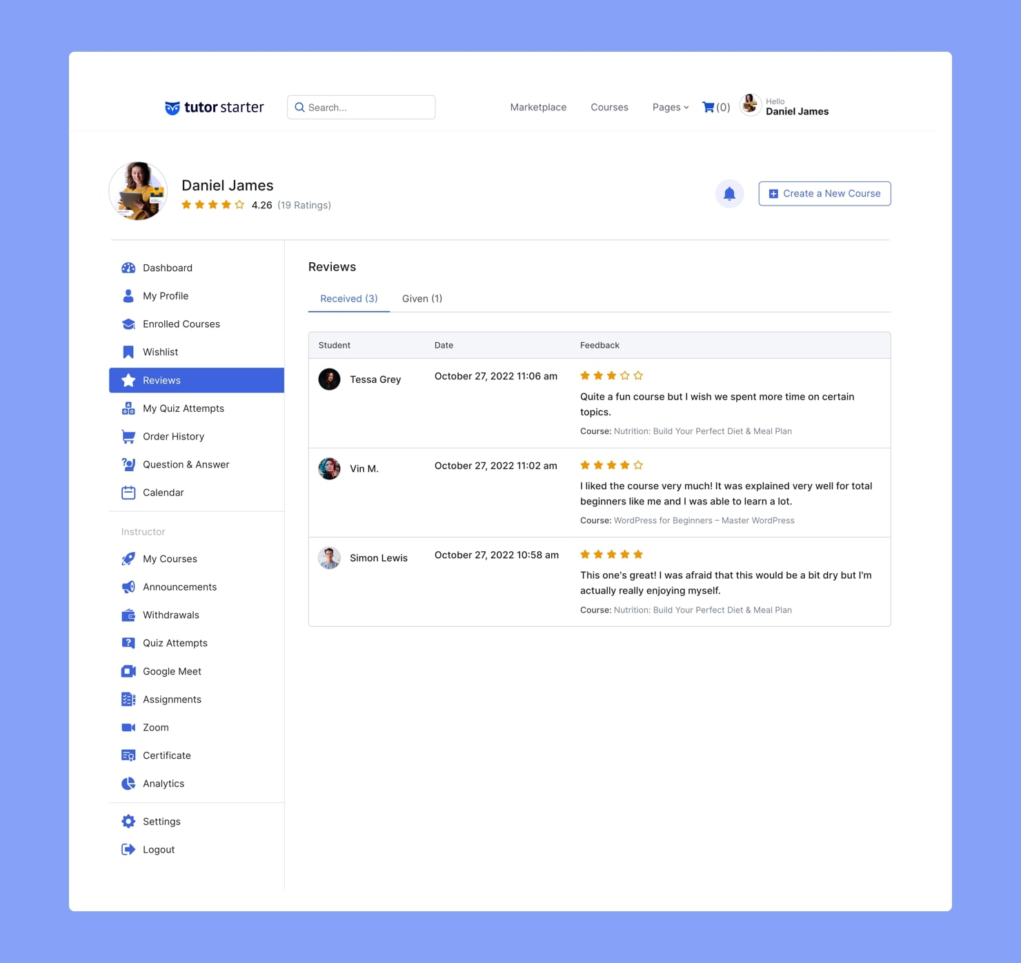 Tutor LMS Frontend Dashboard - Reviews