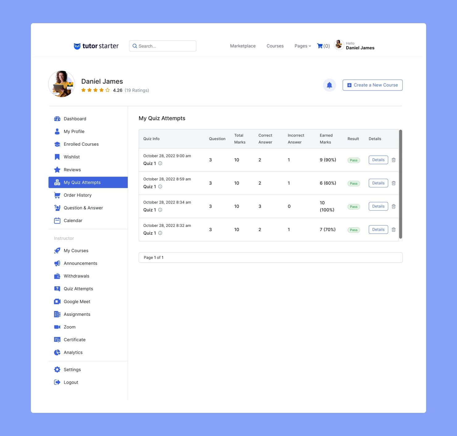 Tutor LMS Frontend Dashboard - My Quiz Attempts