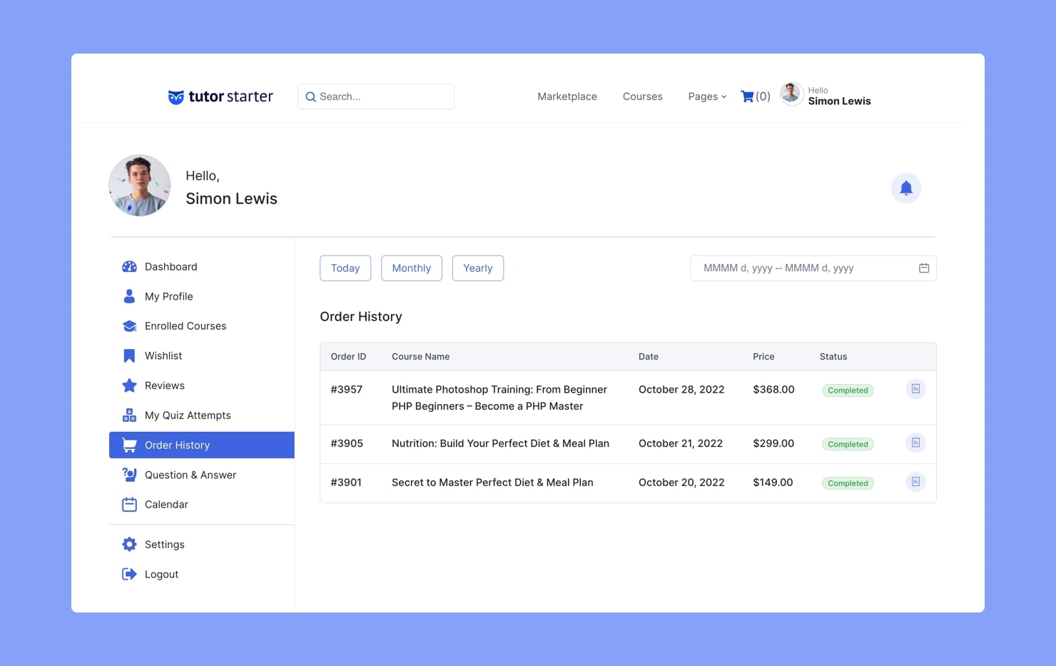 Tutor LMS Frontend Dashboard - Order History