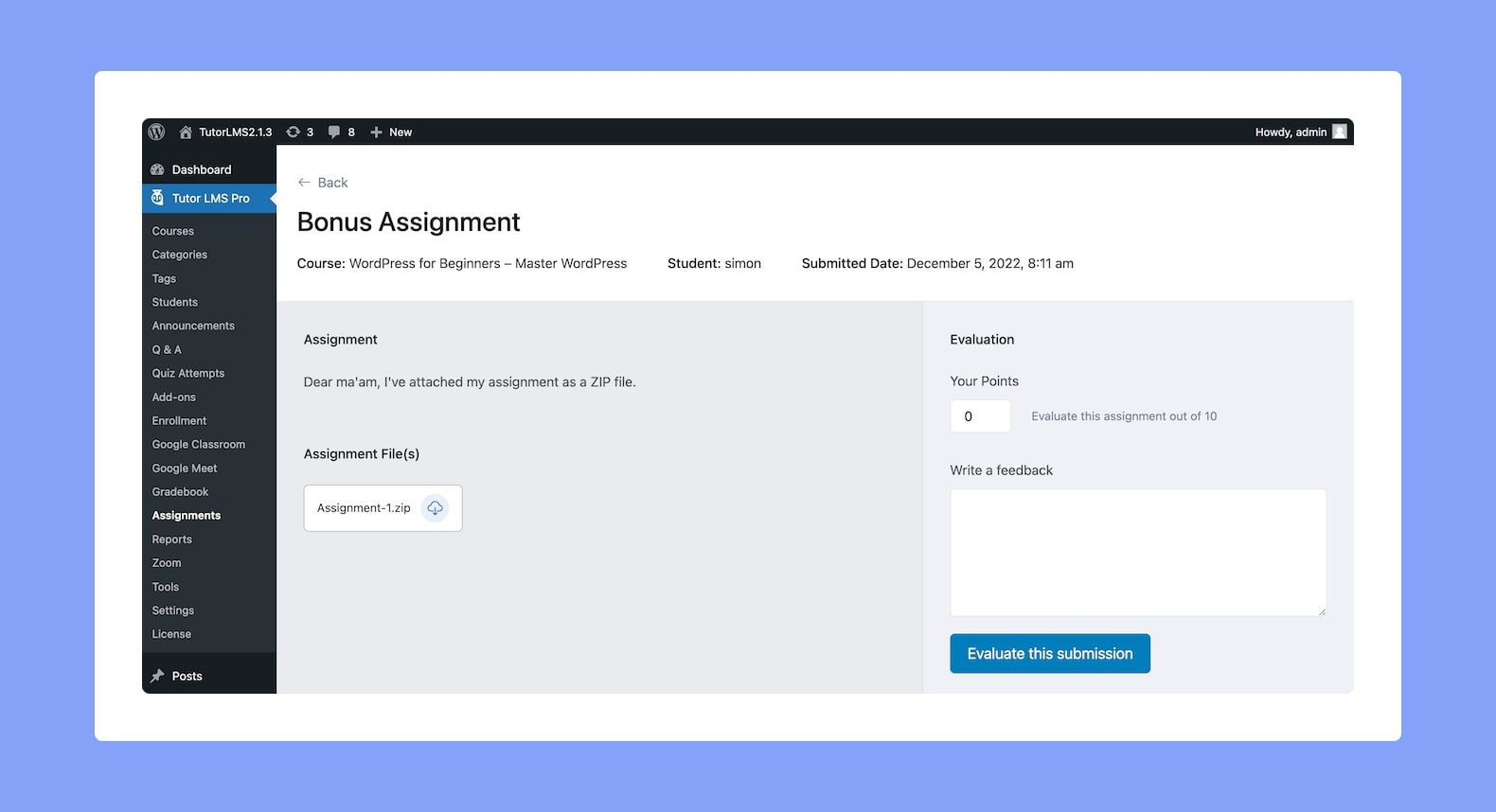 Tutor LMS Evaluating Assignments on Backend