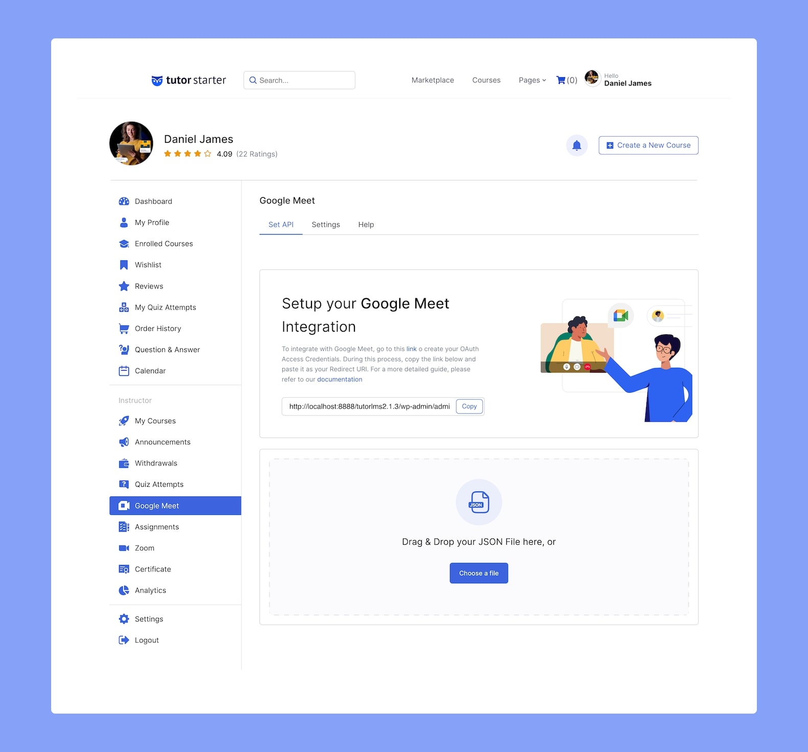 Tutor LMS Frontend Dashboard - Google Meet