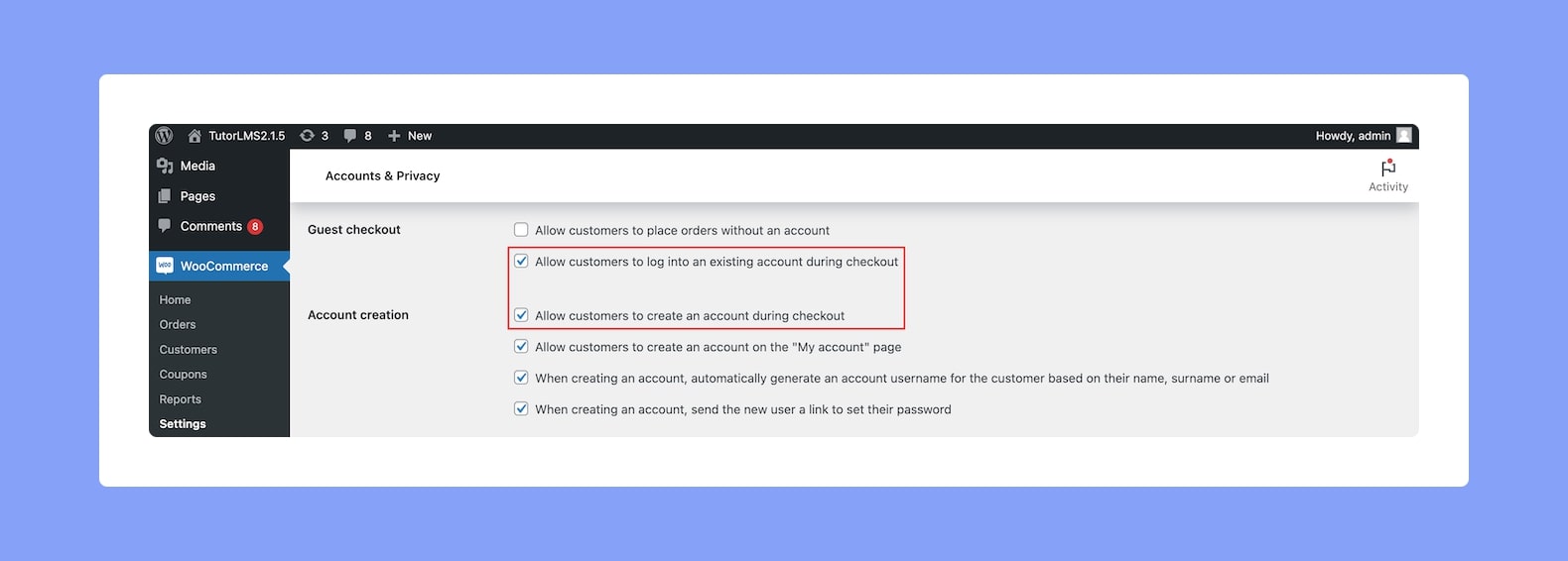 Guest Purchase WooCommerce Settings - Accounts & Privacy