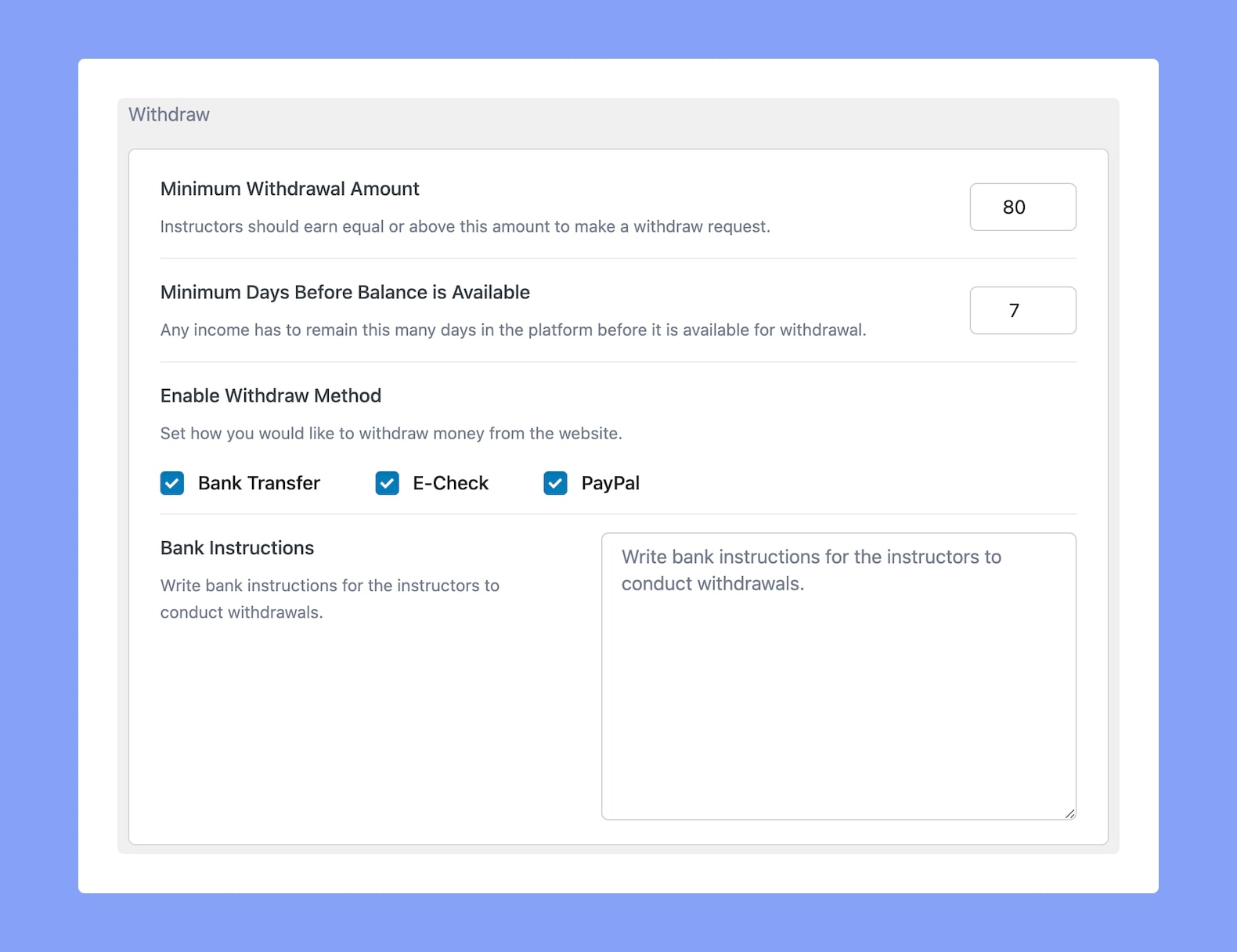 Tutor LMS Money Management Withdraw Preferences