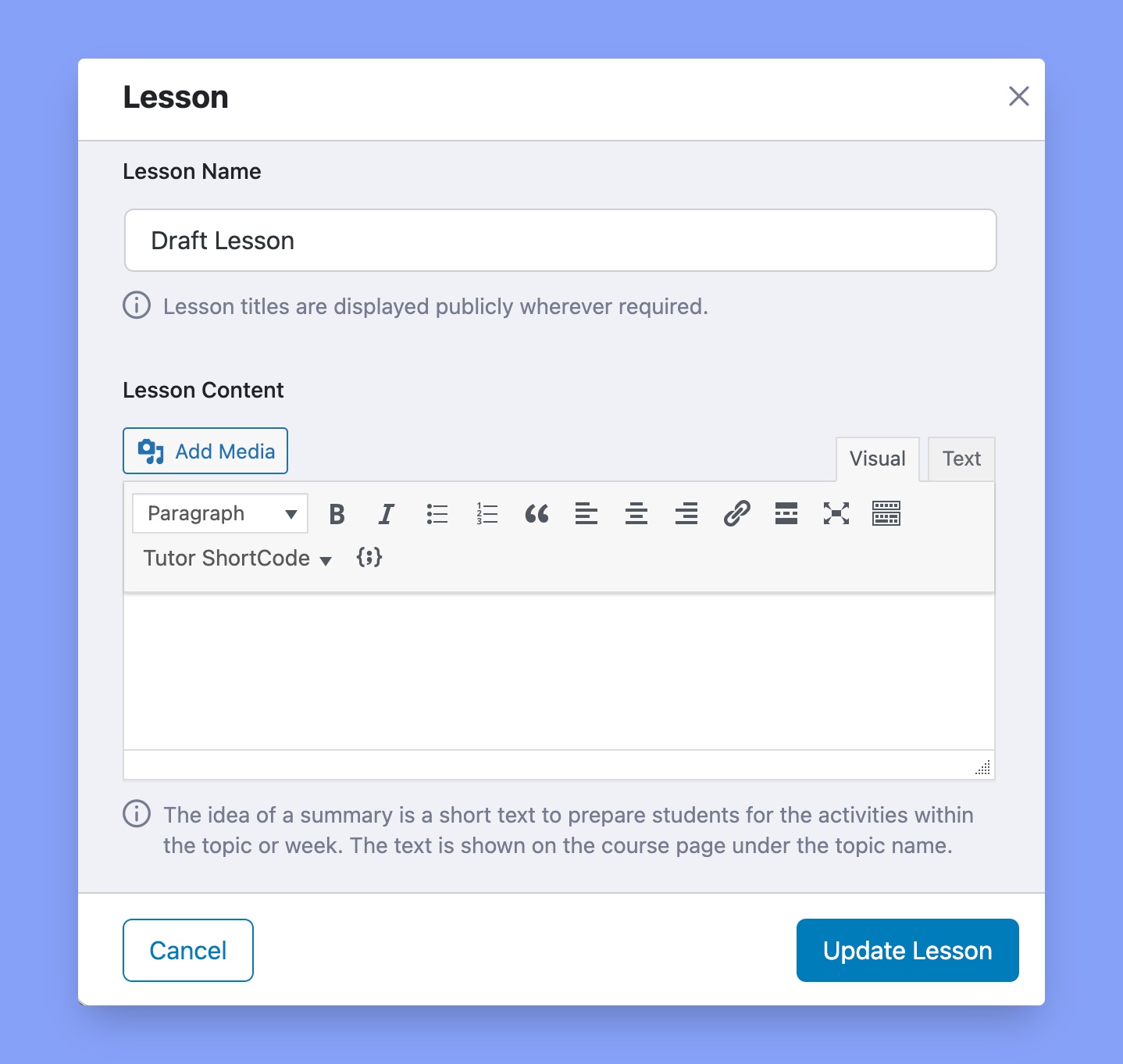 Add lesson name and content to your course