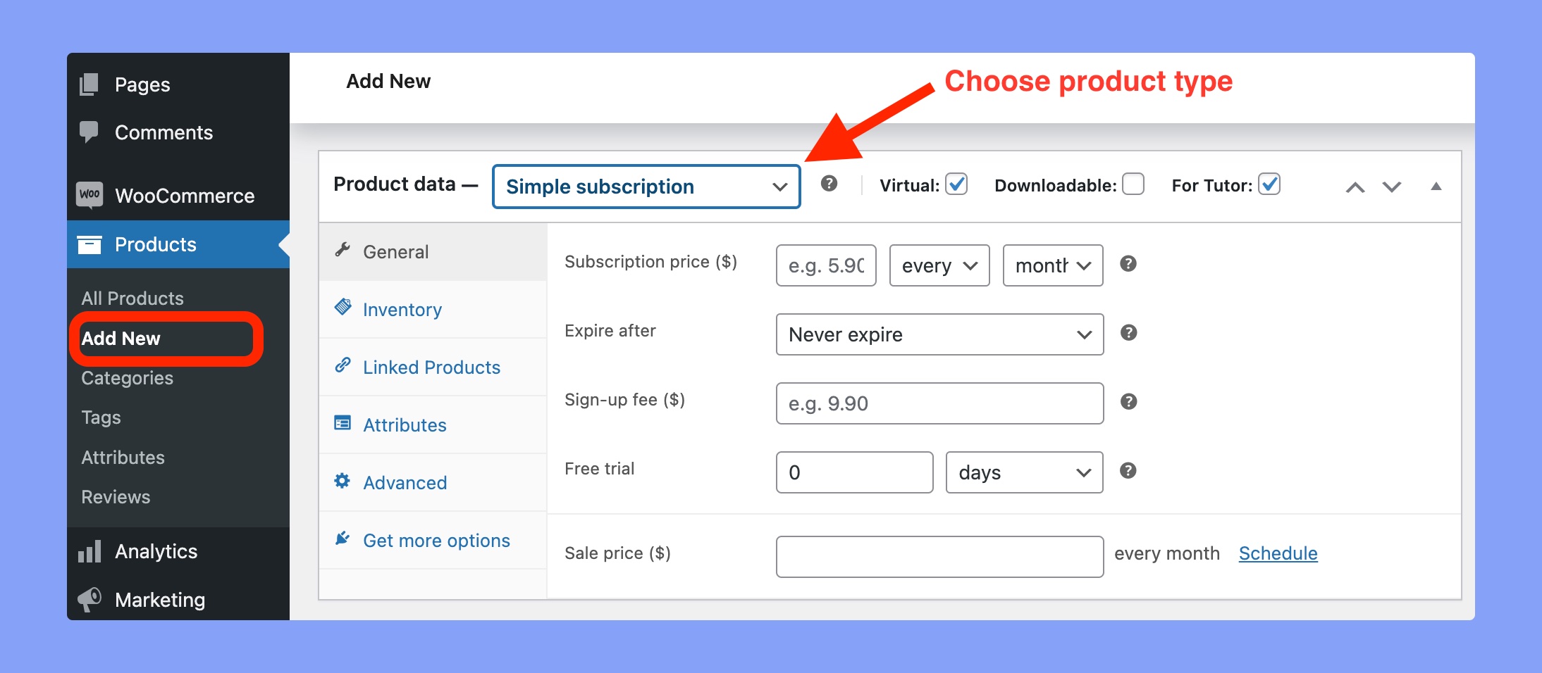 Choose "Simple subscription" as the product type