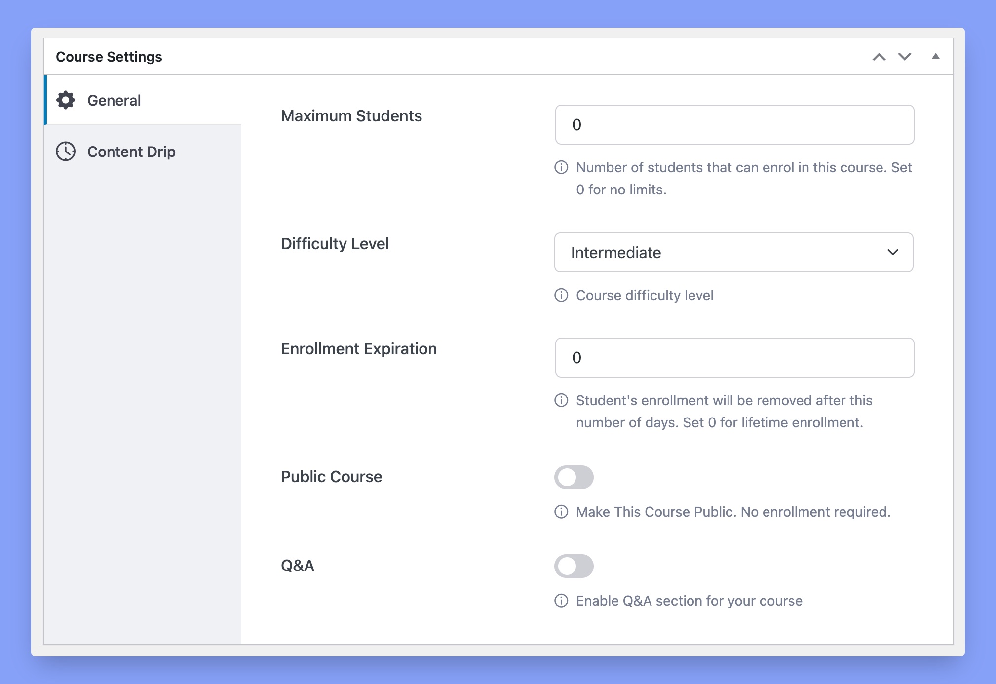 Course settings of Tutor LMS