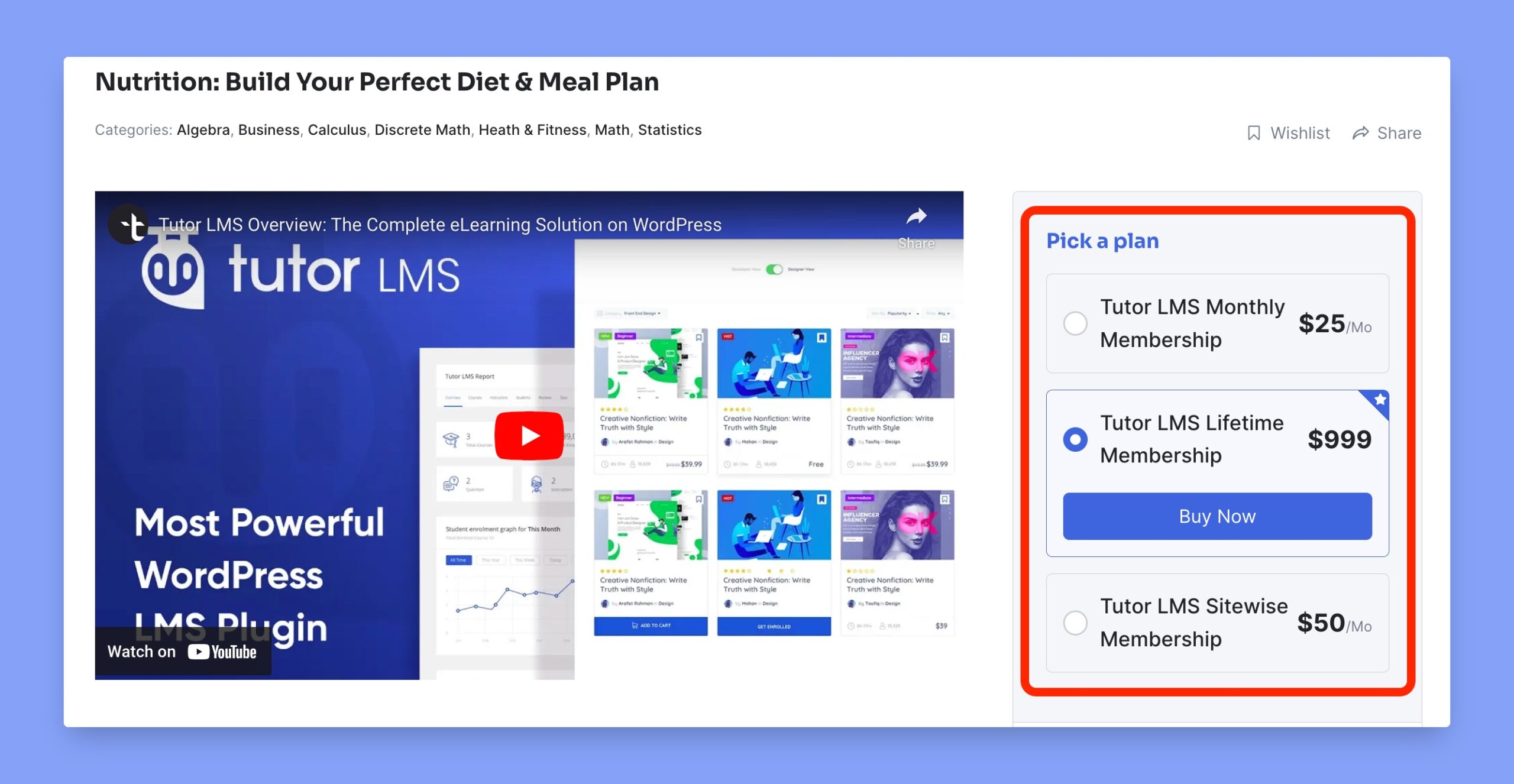 Membership plans of Tutor LMS courses