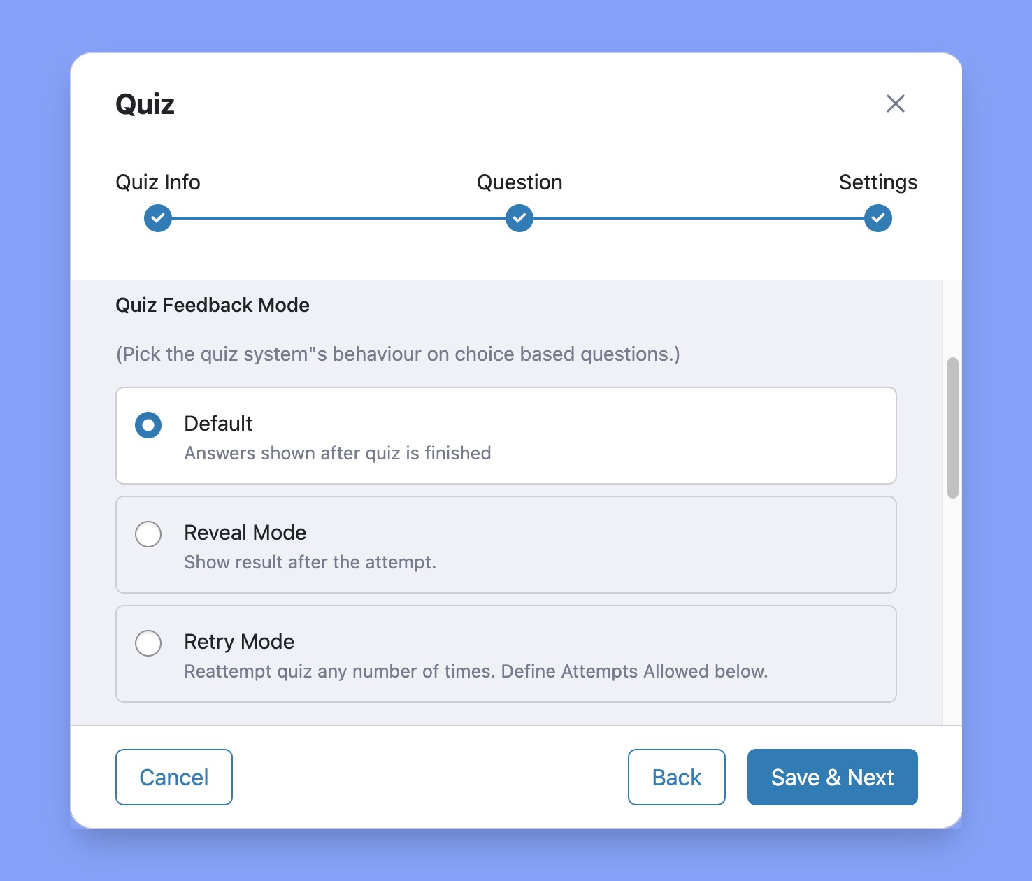 Quiz settings