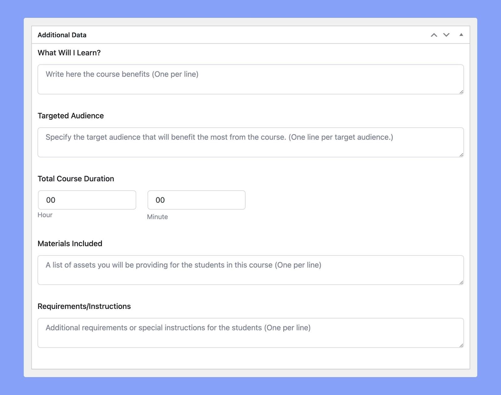 Additional data of Tutor LMS course