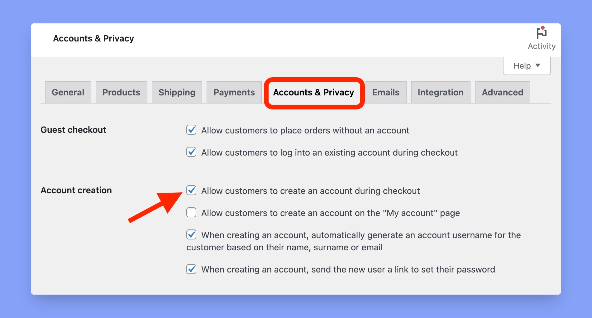 Accounts and privacy settings of WooCommerce