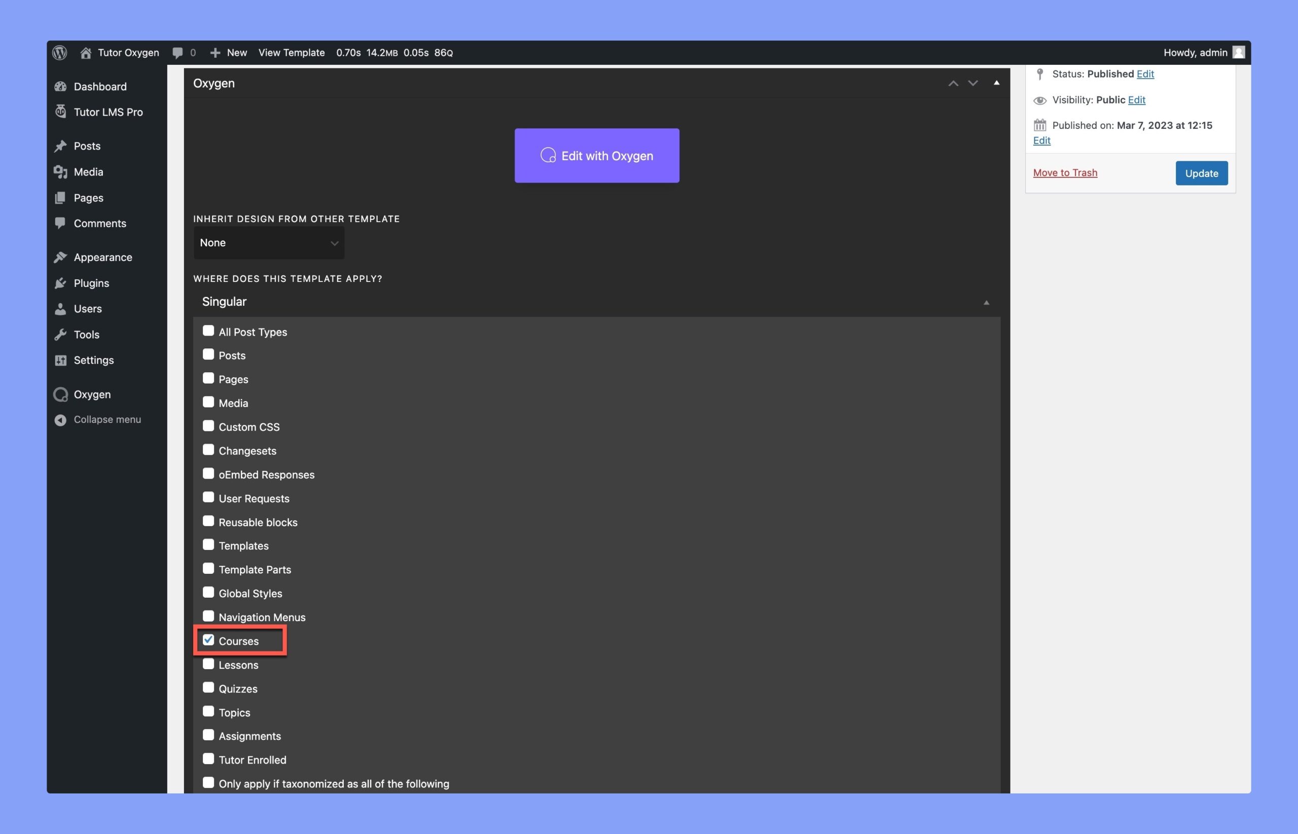 Using course template in Oxygen builder