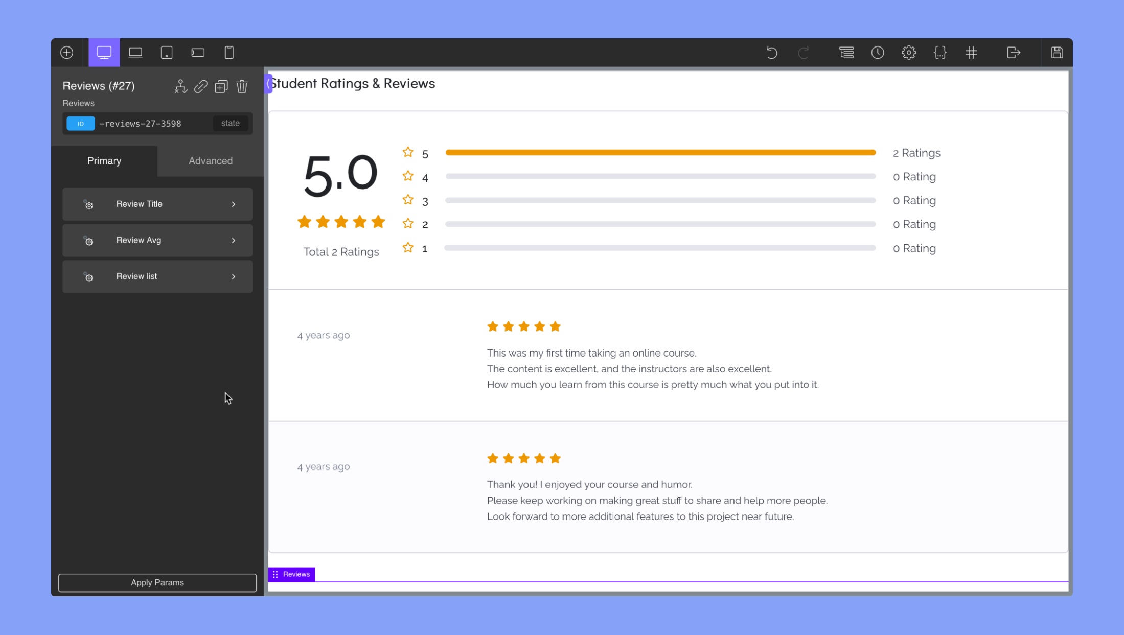 Display course ratings and reviews