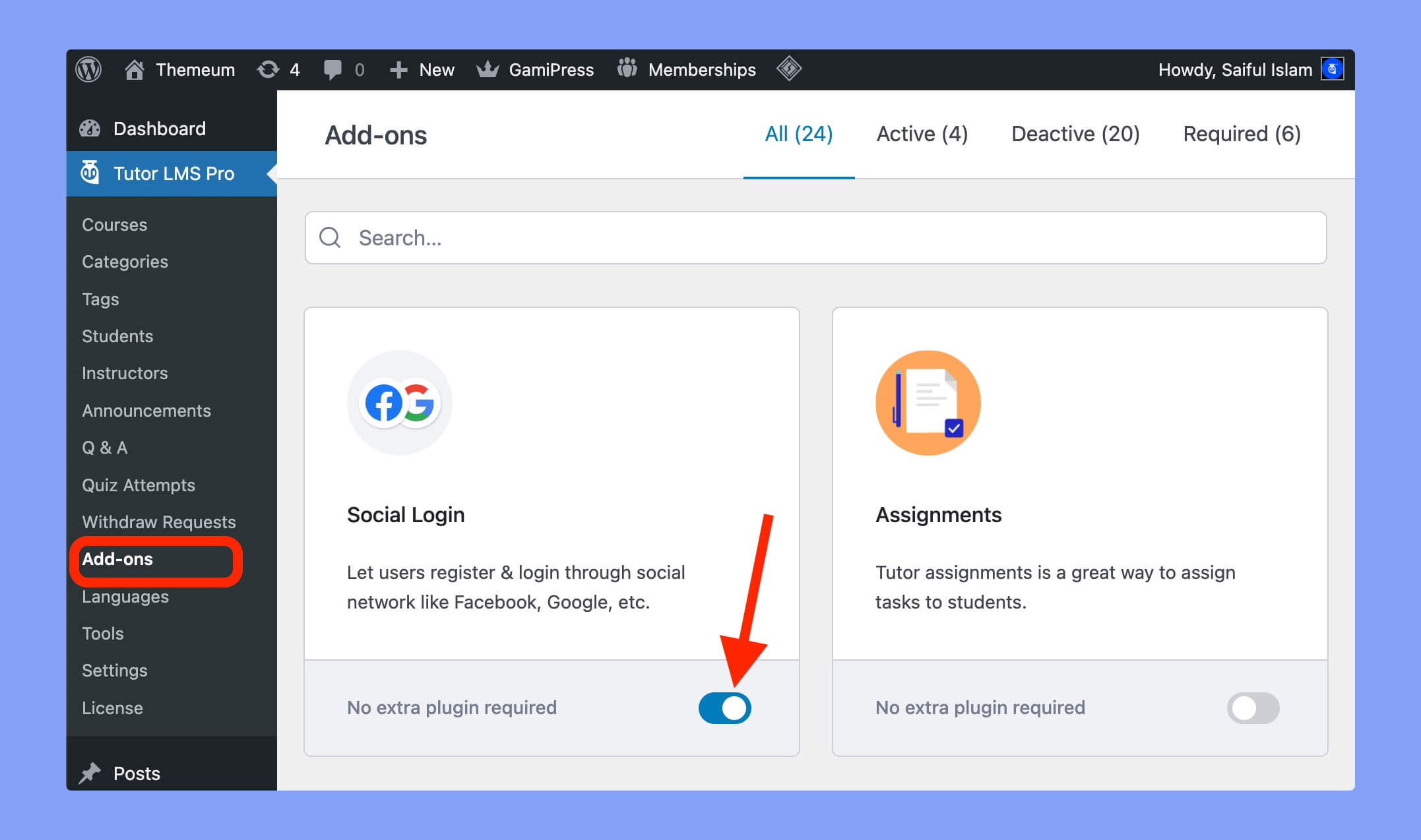 Enable the social login addon of Tutor LMS