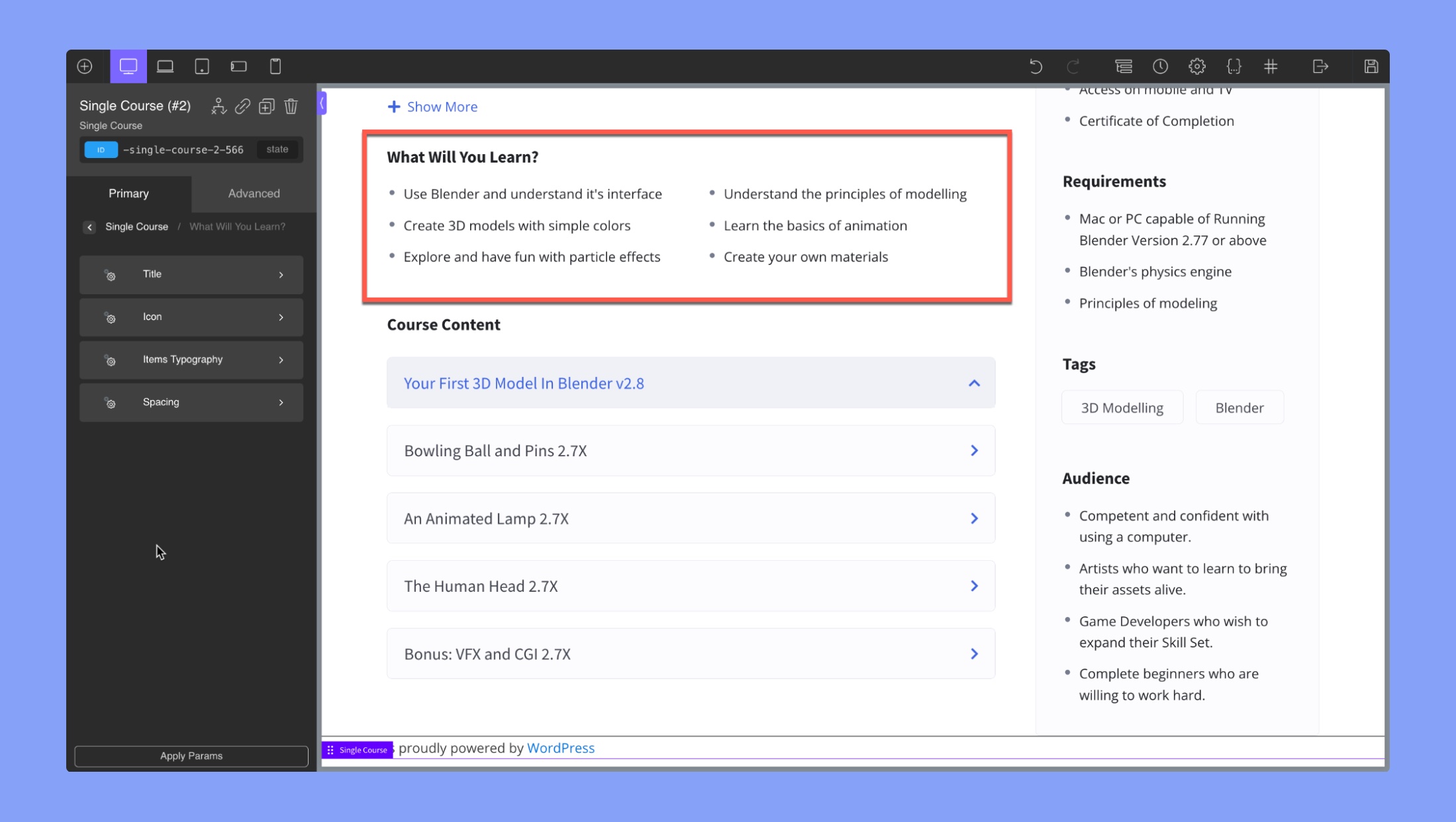 Add learning outcome on a course using Oxygen builder