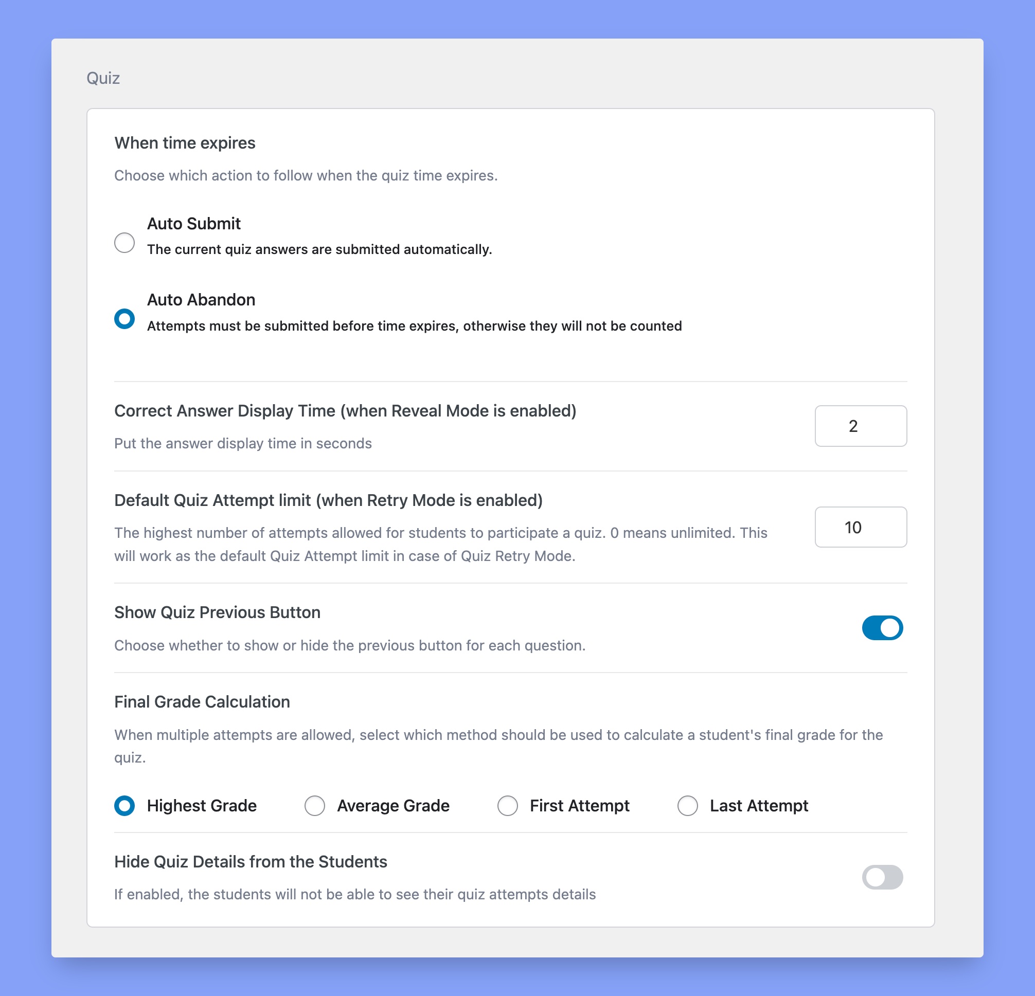 Quiz settings in course page