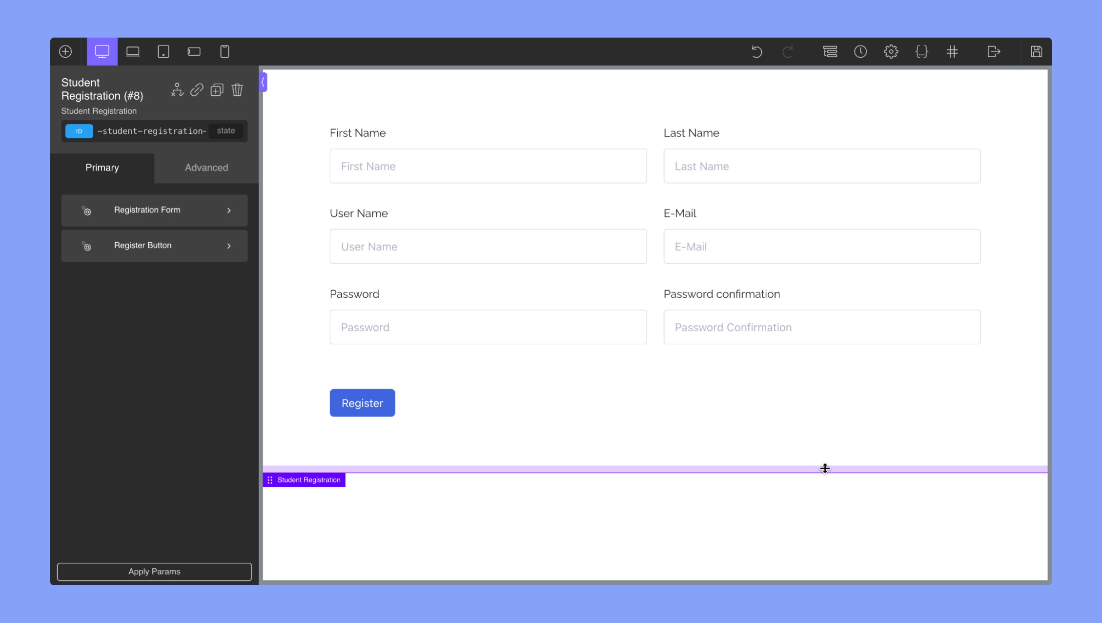 Design Student Registration page using Oxygen Builder