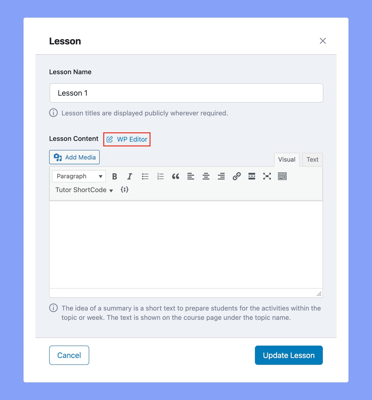 WP Editor on Tutor LMS course page