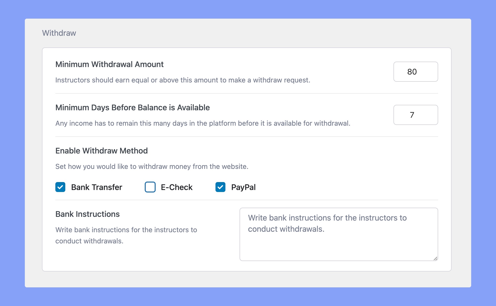 Withdrawal settings of Tutor LMS