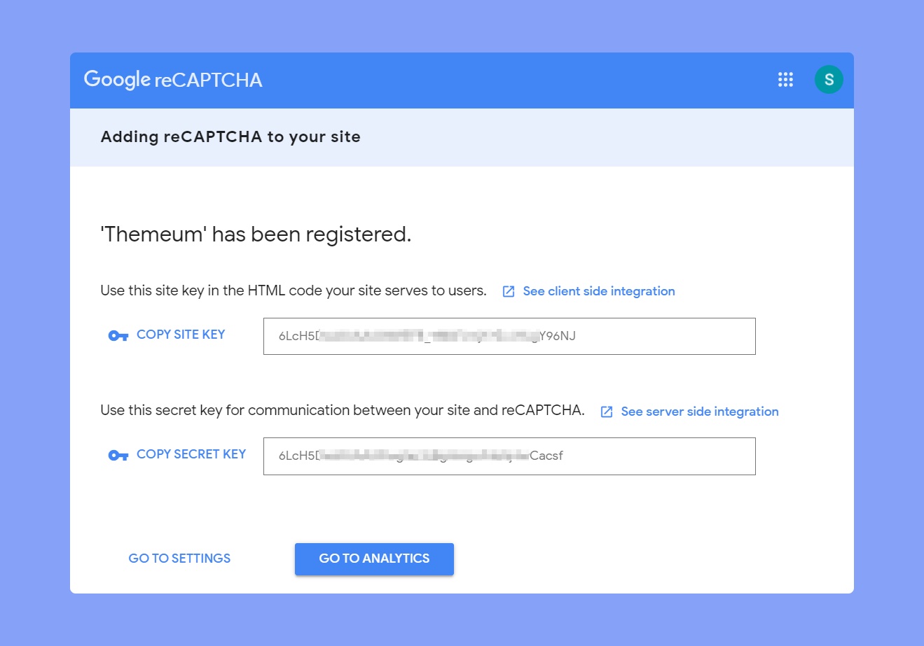 Google reCAPTCHA site key and secret key