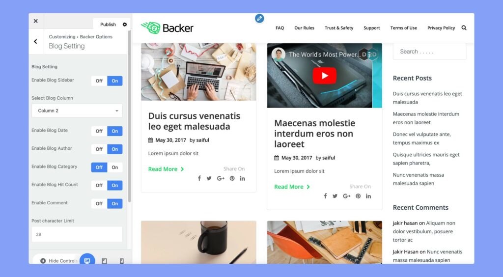 Blog settings customization of Backer theme