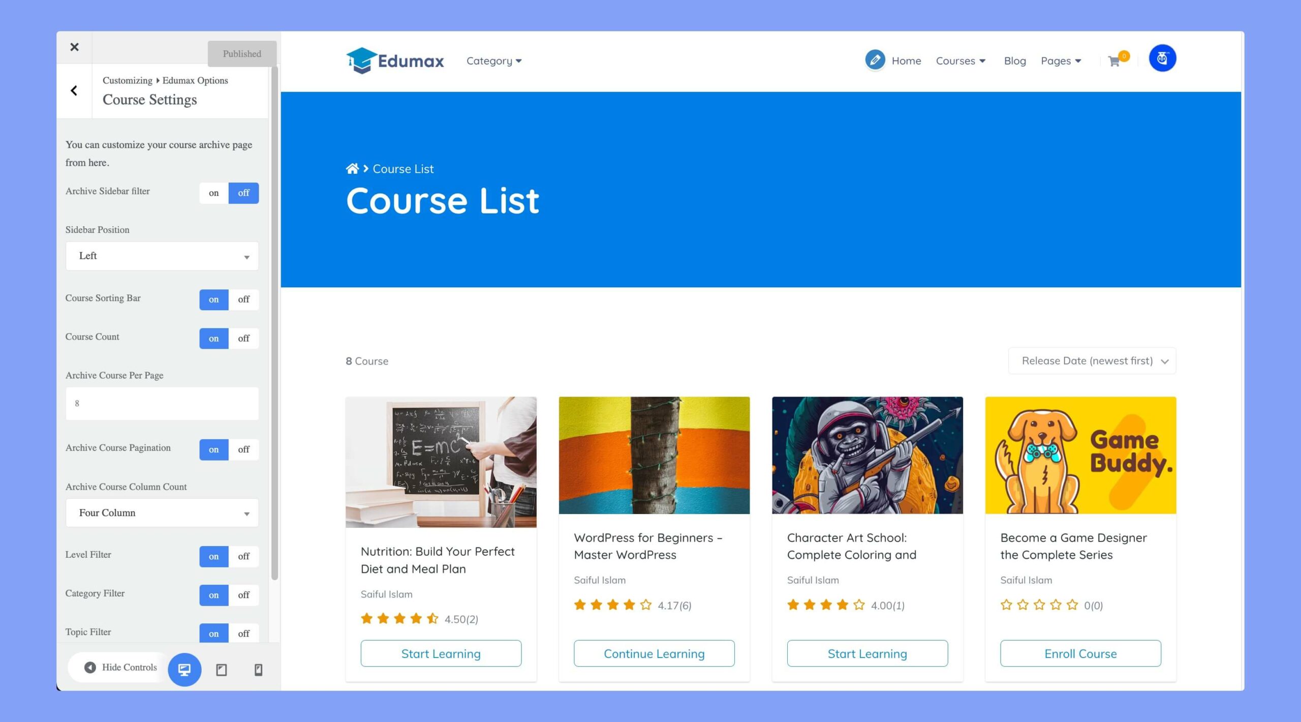 Course settings of Edumax theme