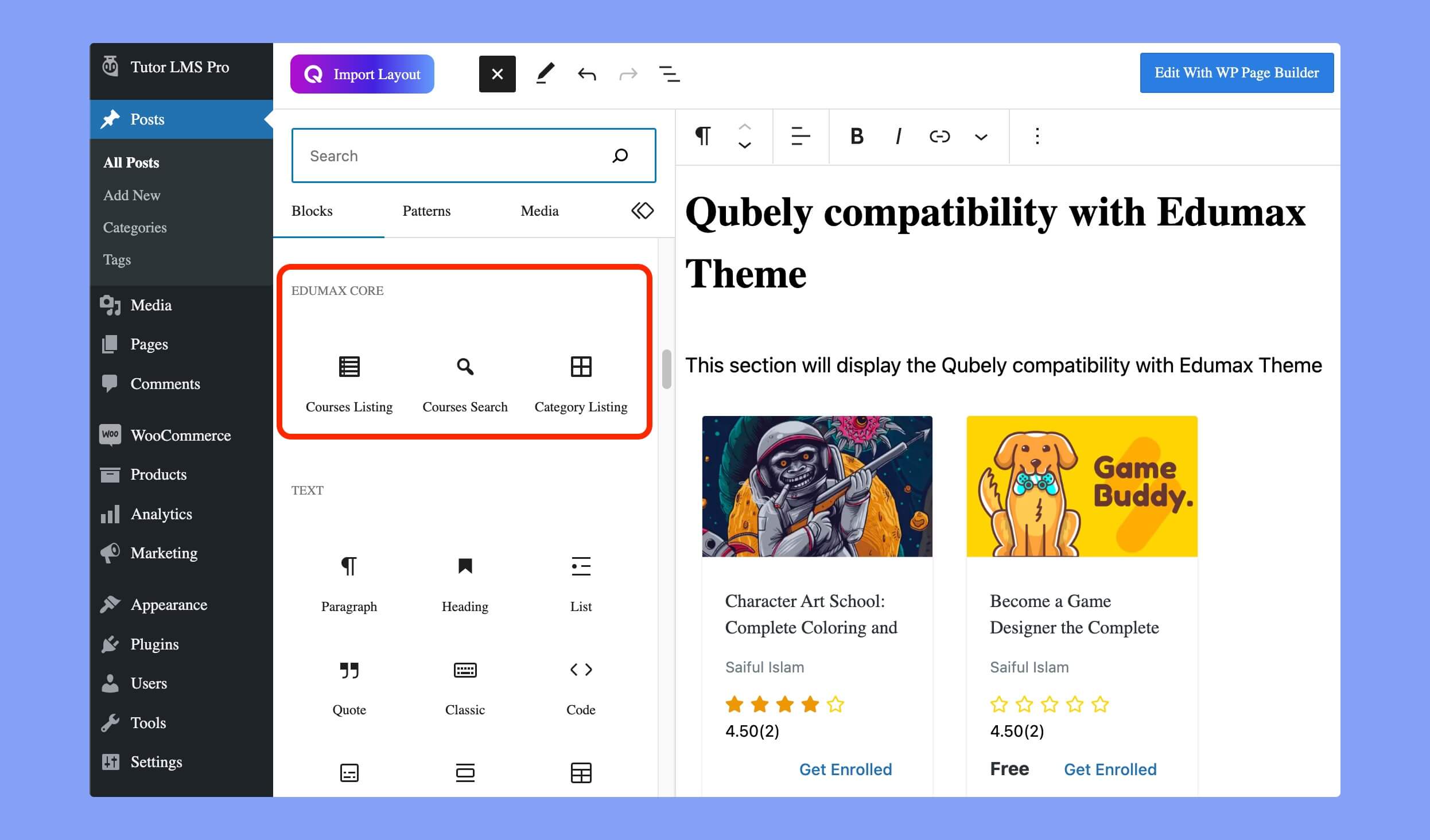 Edumax listing blocks on Gutenberg 