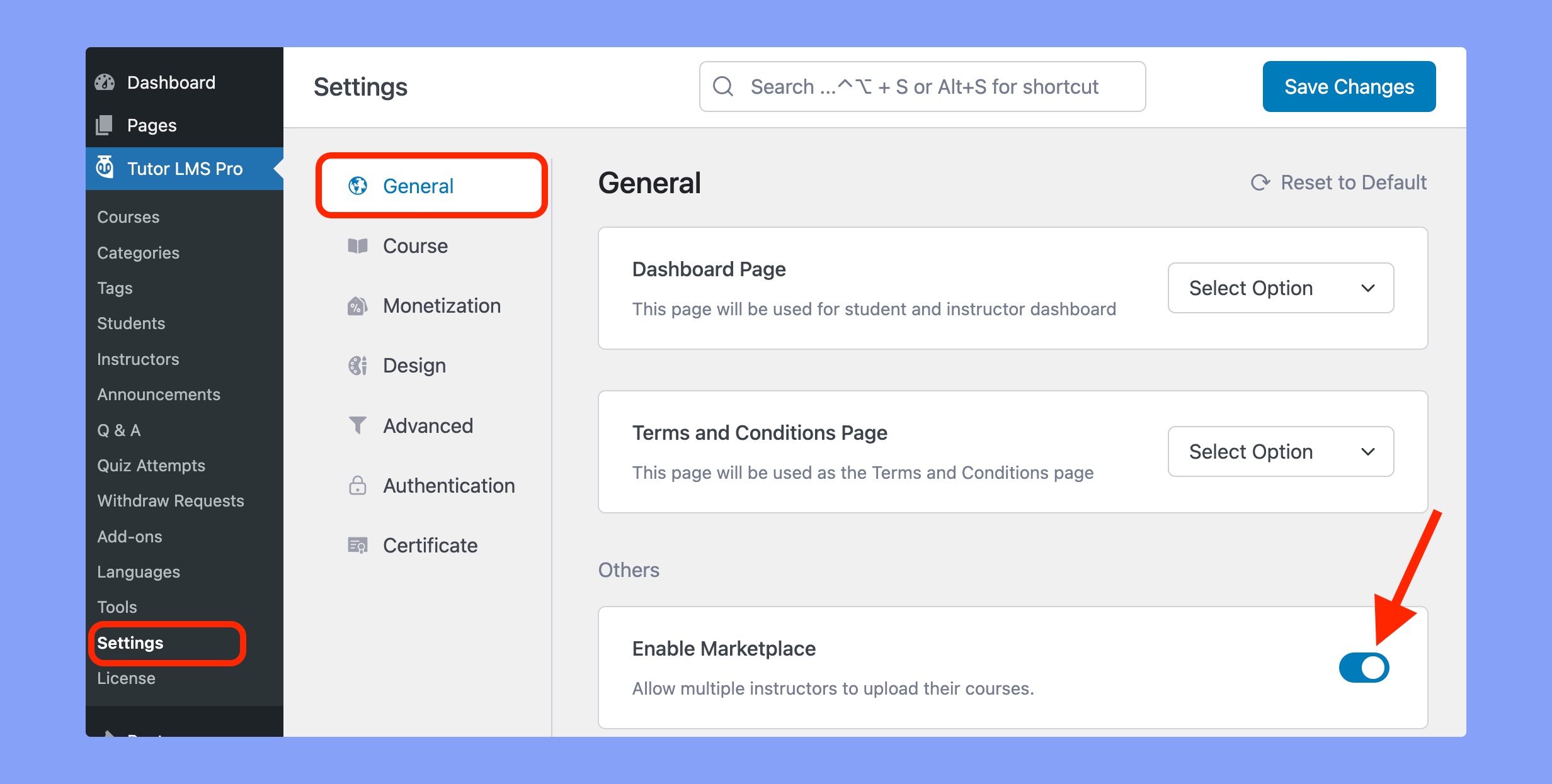 Enable marketplace from Tutor LMS settings