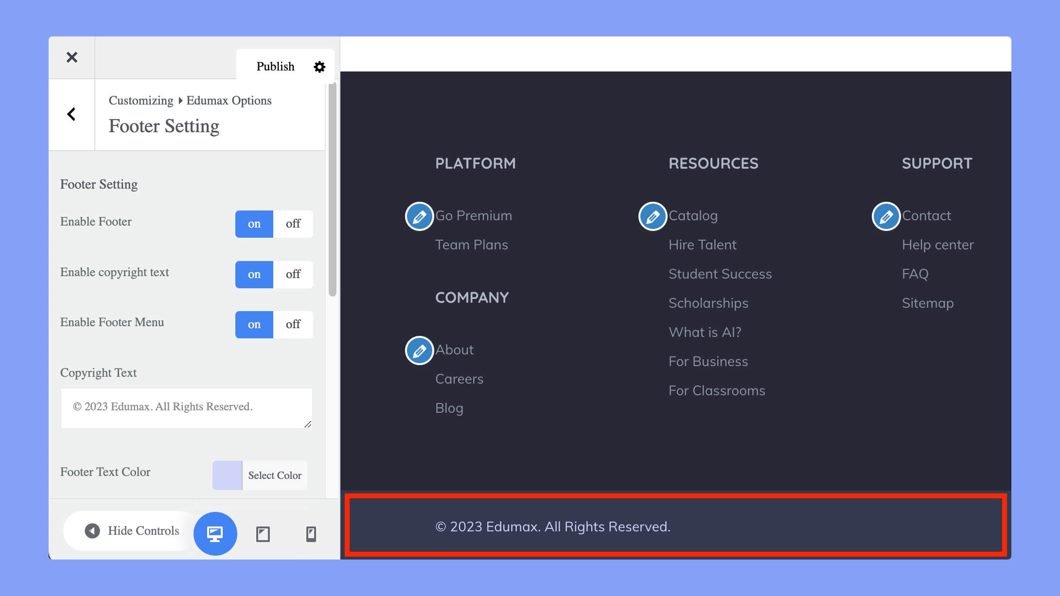 Footer settings of Edumax theme