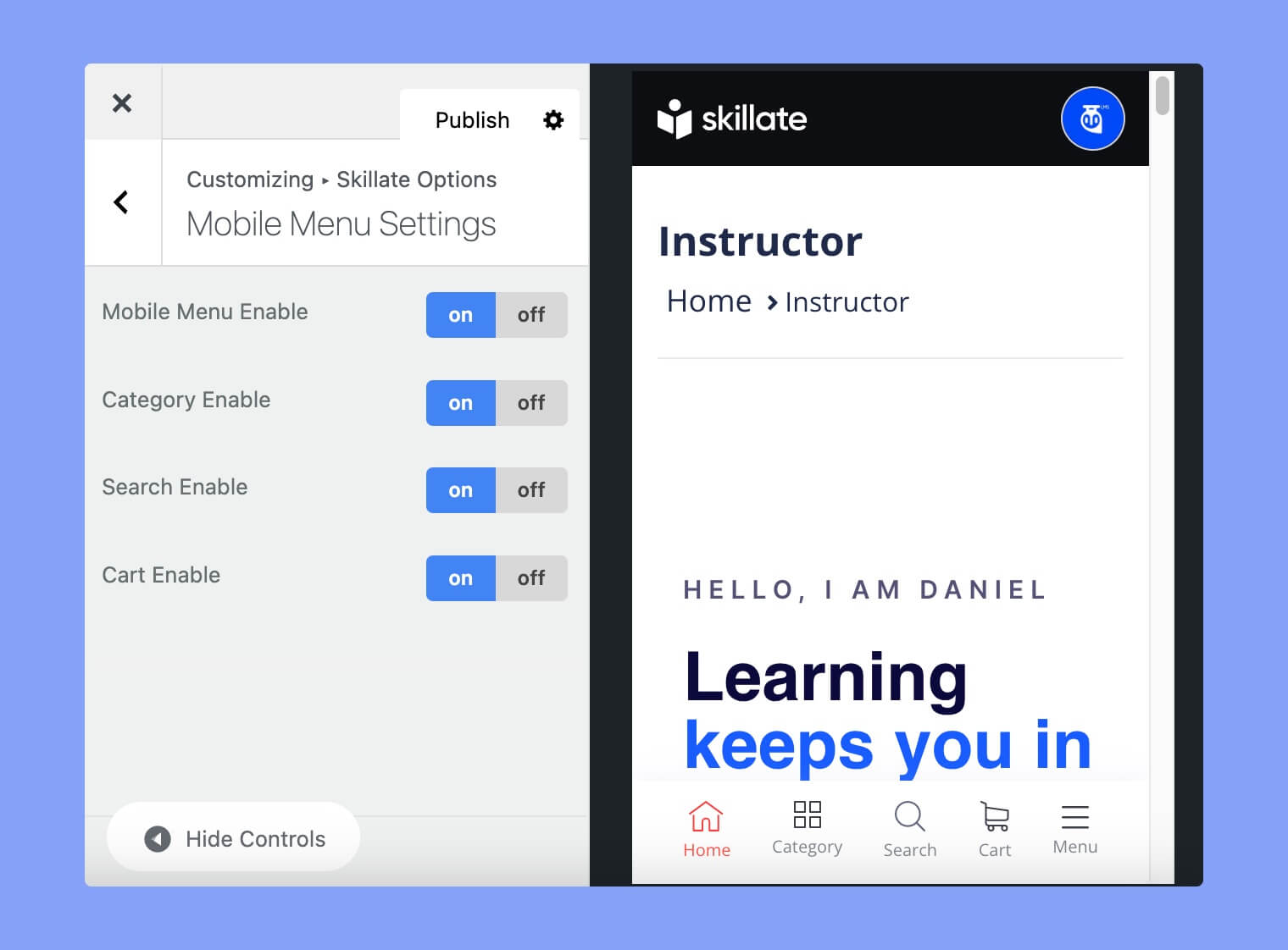 Mobile menu settings of Skillate theme