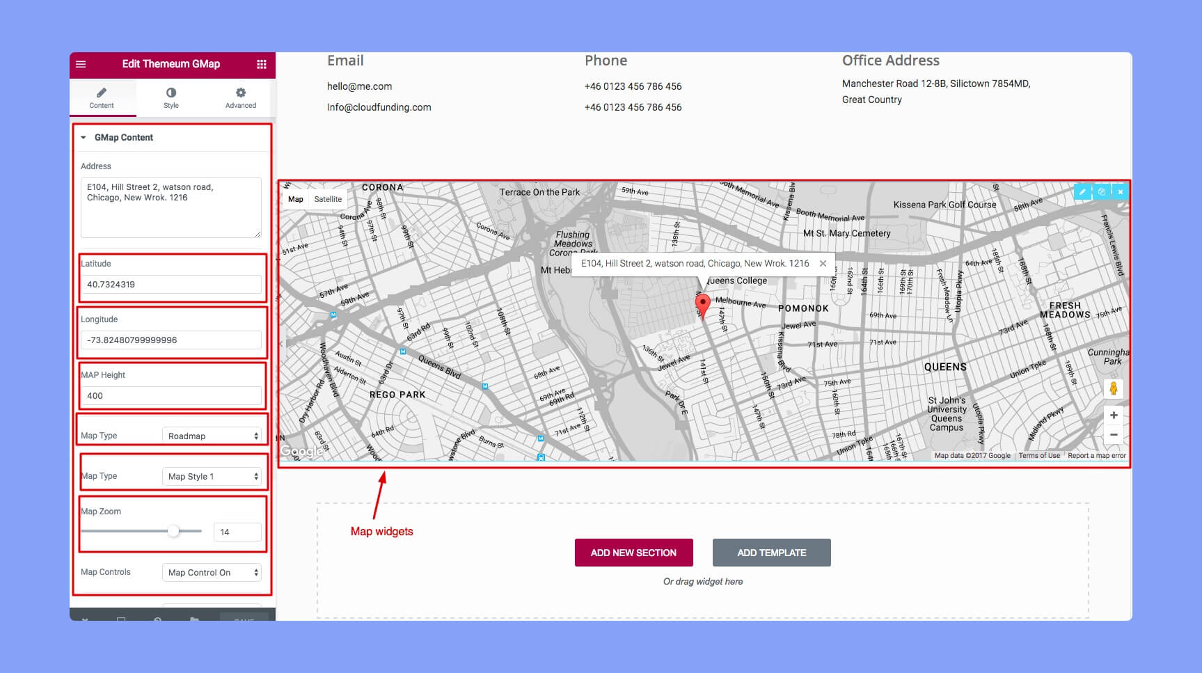 Themeum Gmap Elementor widget of Backer theme