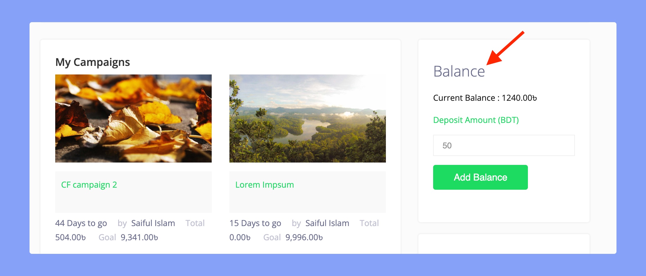 Add balance section in the Crowdfunding dashboard