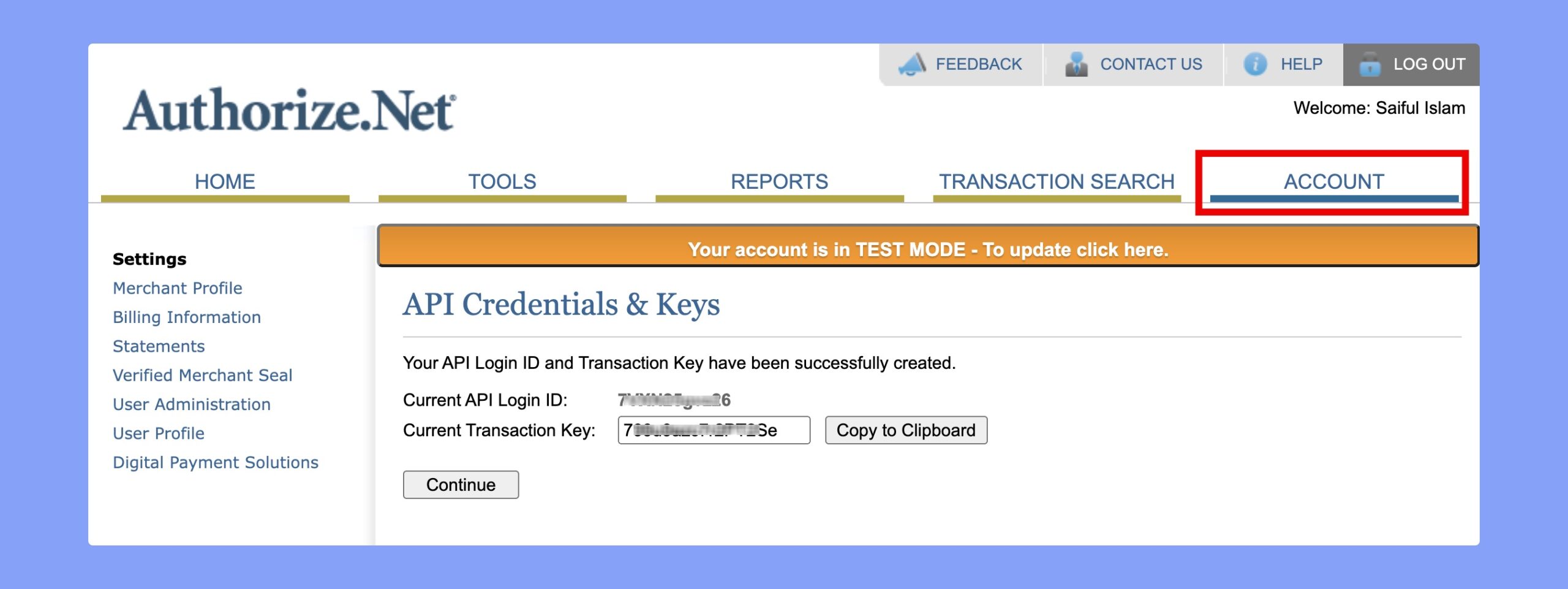 Authorize.Net API Login ID and Transaction Key