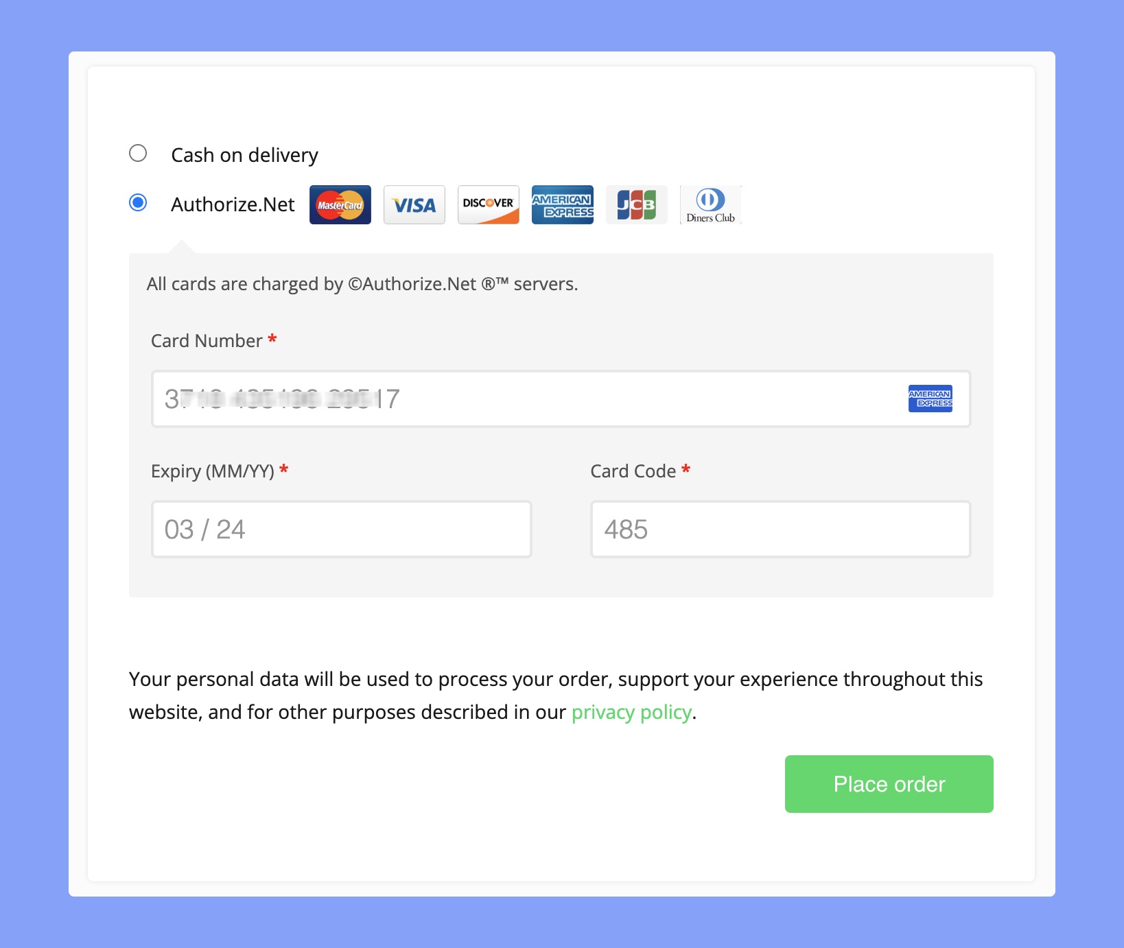 Frontend preview of Authorize.Net payment gateway