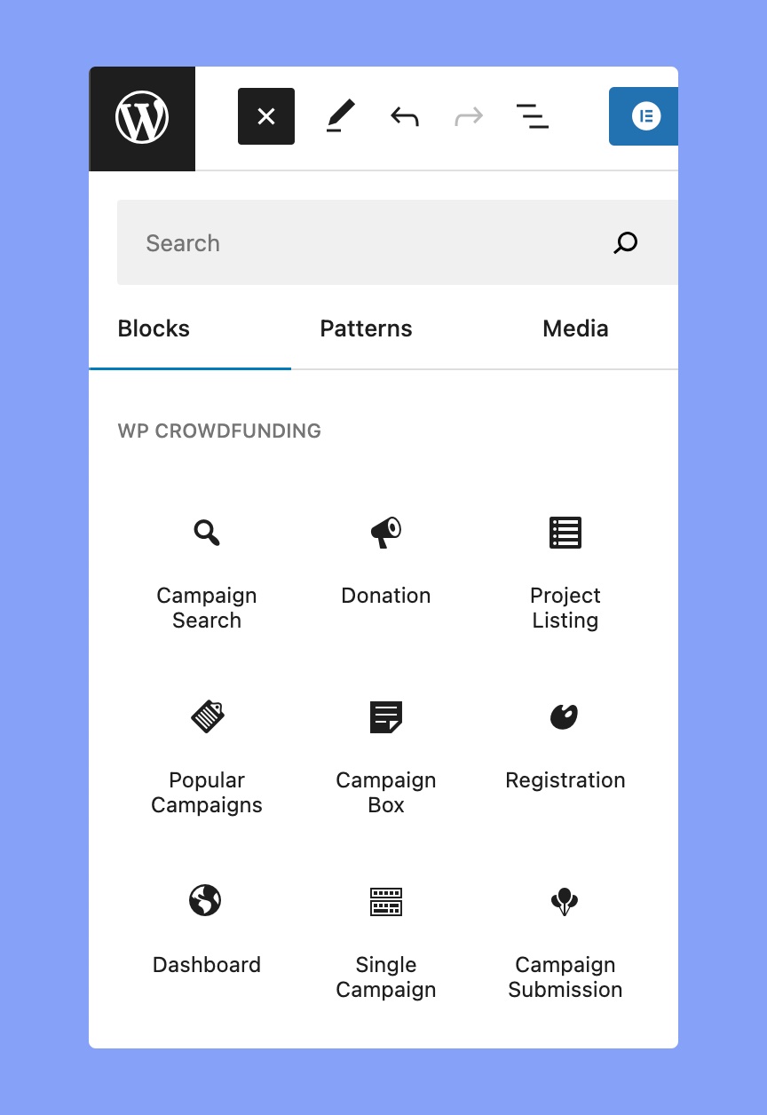 Available Gutenberg blocks of WP Crowdfunding